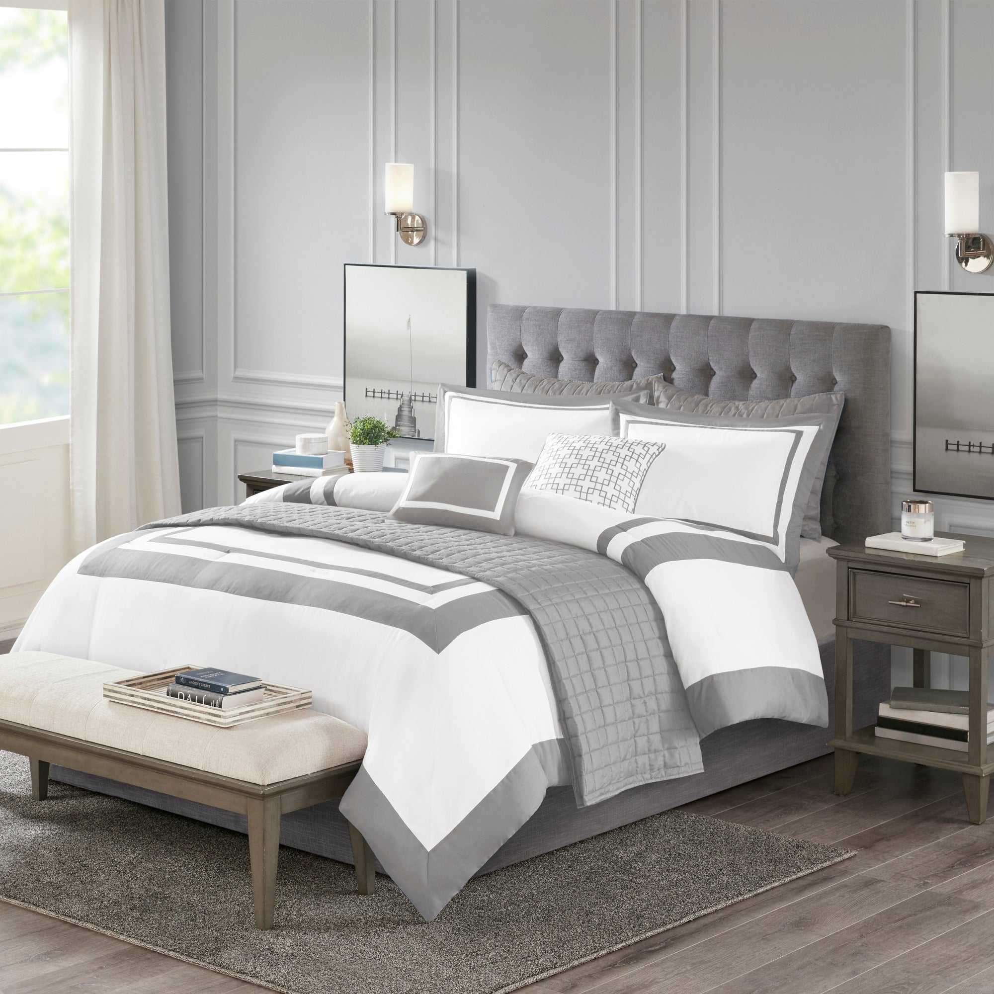 8 Piece Comforter and Quilt Set Collection Grey Full/Queen
