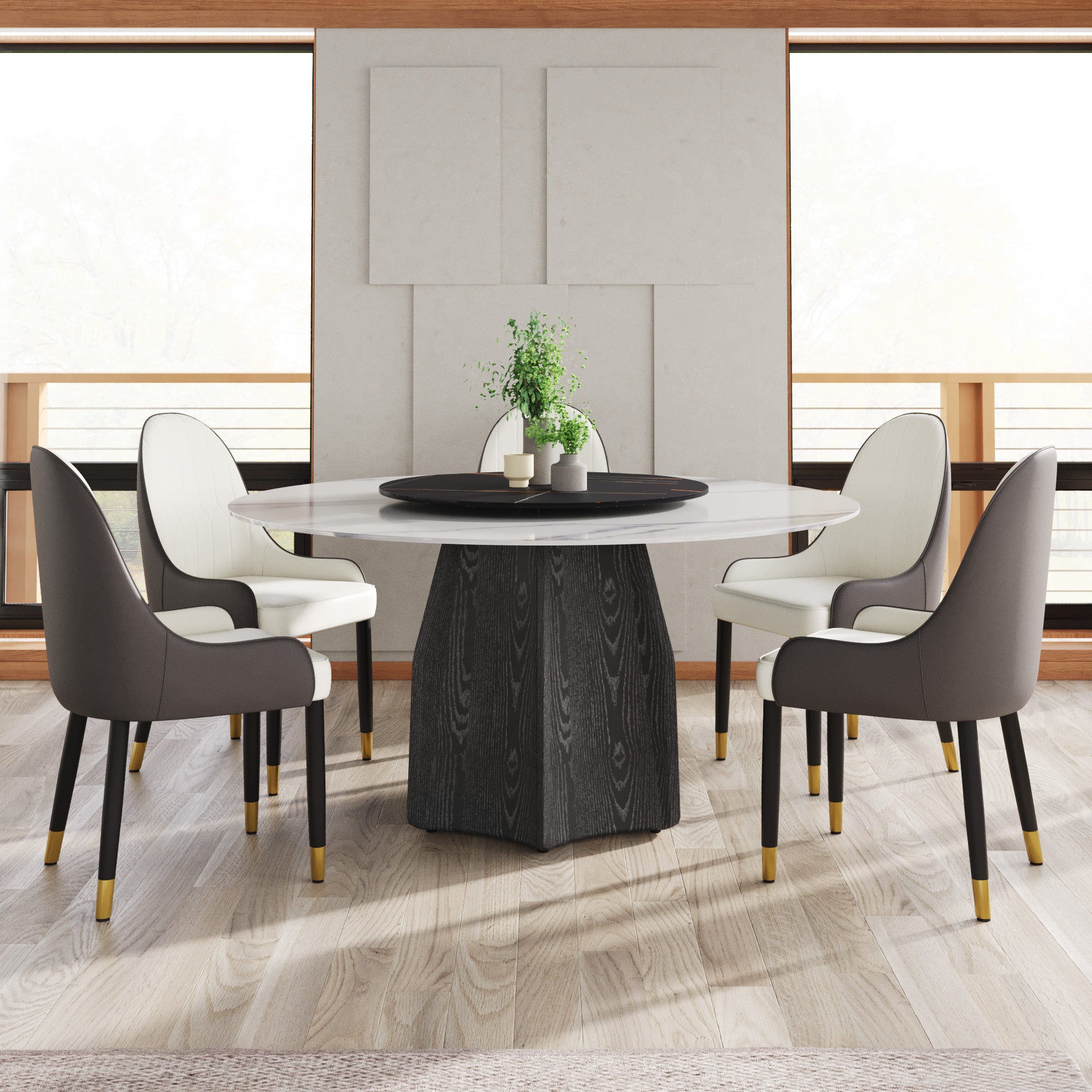 59.05' Round Marble Dining Table with Black Textured Solid Wood Base, Artificial Marble for 6-8 People, 31.5'Black Artificial Stone Turntable,White&Black (Dining Table Only)