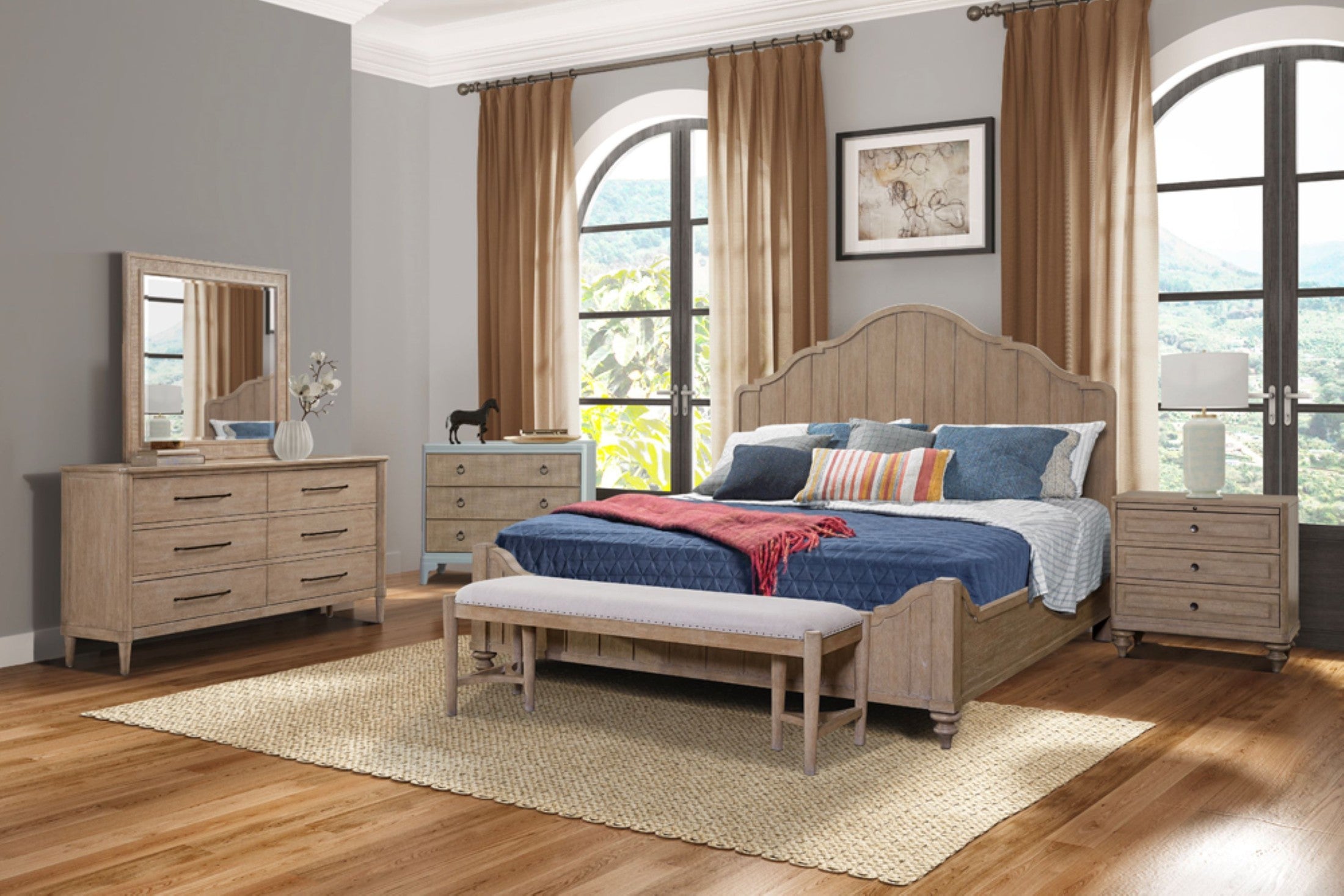 Queen 338-105 Panel Bedroom Set With 3 Drawer Nightstand, Casual Dresser, Cane Mirror, 3 Drawer Cane Front Chest and Bench