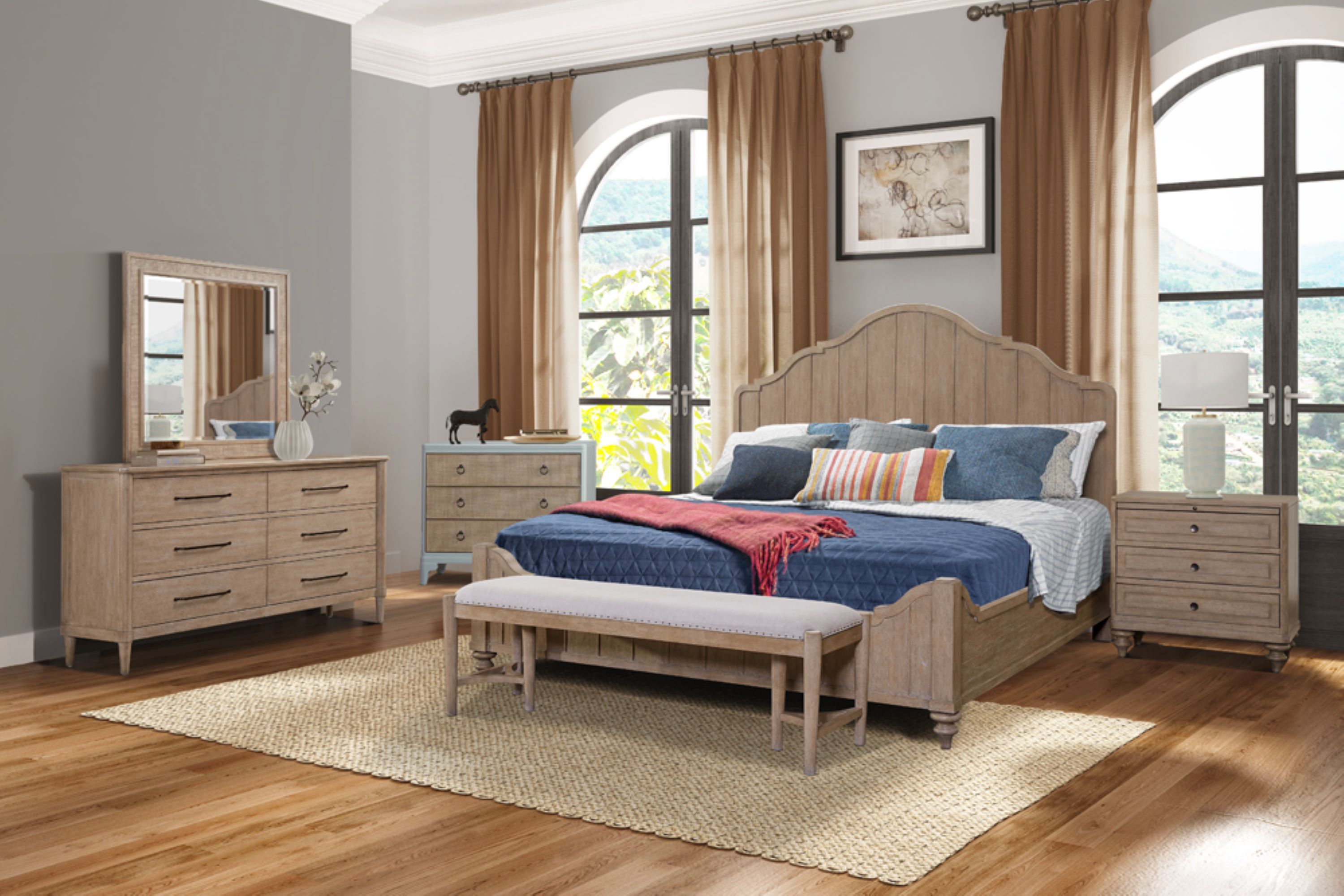 King 338-110 Panel Bedroom Set With 3 Drawer Nightstand, Casual Dresser, Cane Mirror, 3 Drawer Cane Front Chest and Bench