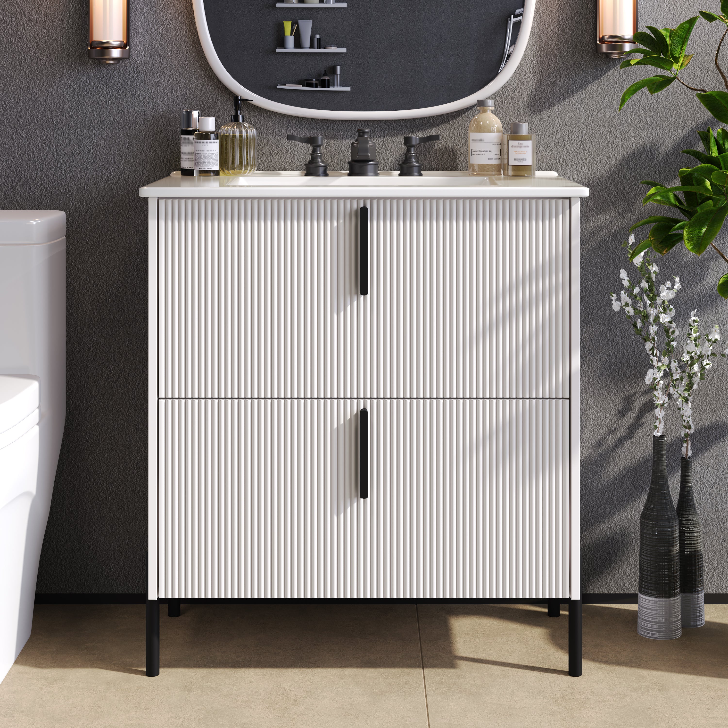 30' Bathroom Vanity with Ceramic Sink and Full-Extension Drawers, Soft Close Undermount Drawer Slides, Fluted Design, White