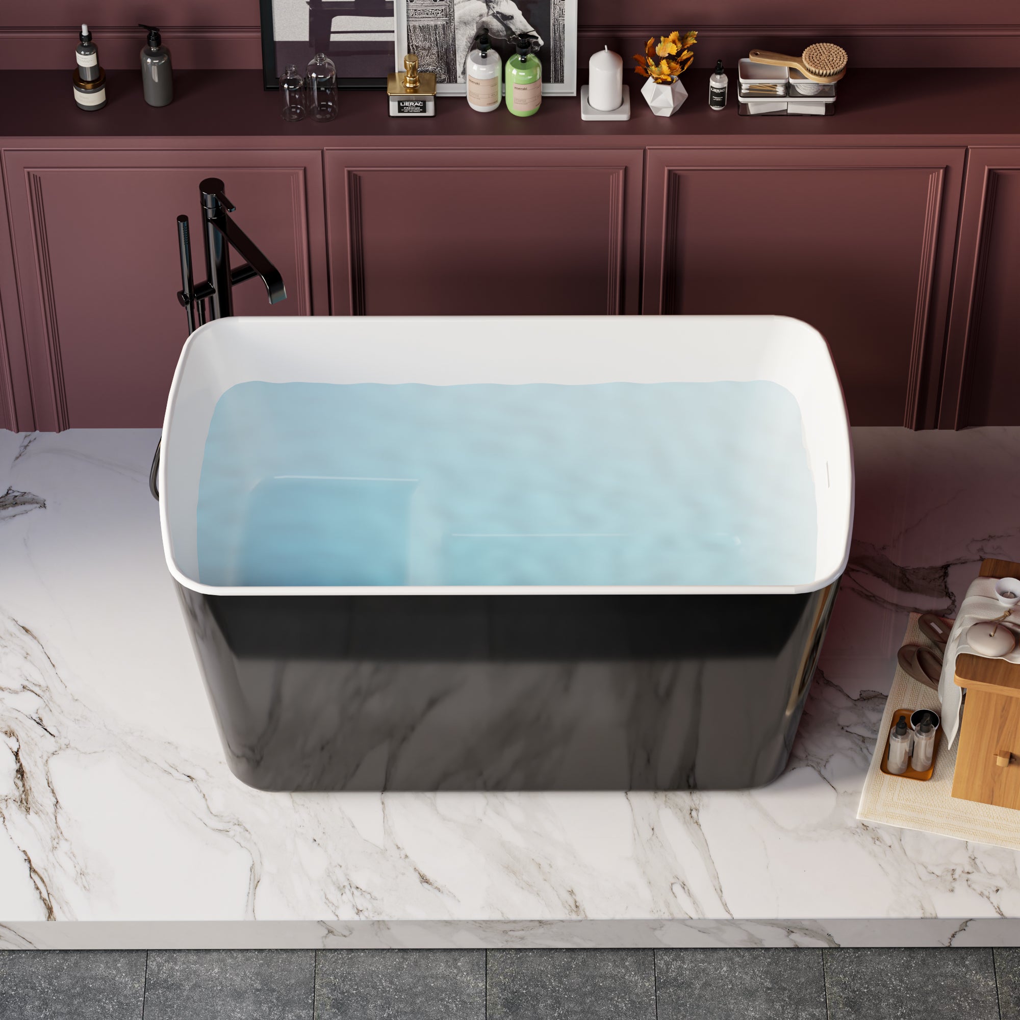 49'' x 28'' Acrylic Freestanding Soaking Bathtub, Square-shape Japanese Soaking Hot Tub, Sit-In Design with Chrome Overflow and Drain, Available for Express Delivery, Glossy Black 23AMA-49B