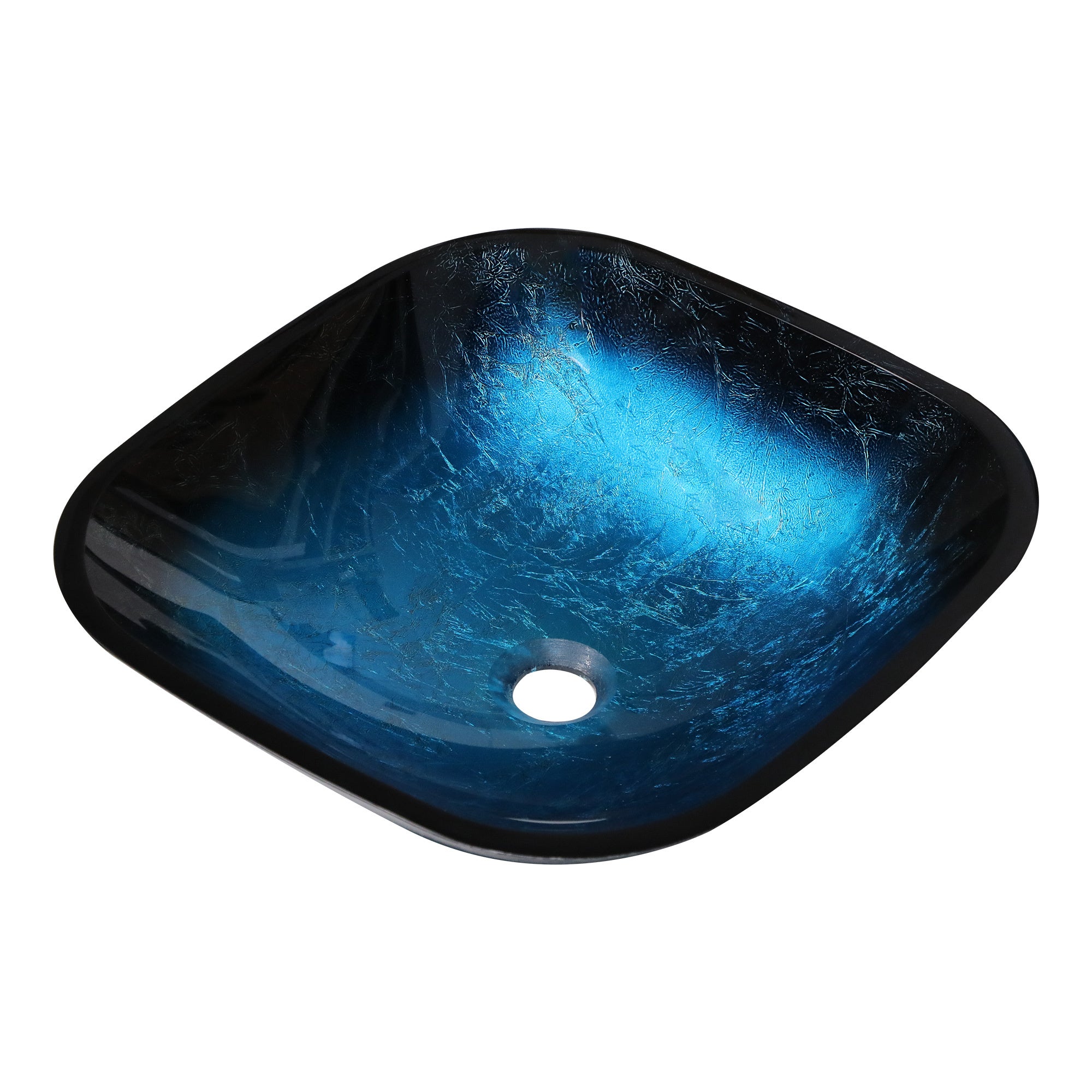 Artistic Blue Tempered Glass Vessel Sink with Matte Black Faucet and Pop-up Drain, 16.77x16.77 Inch