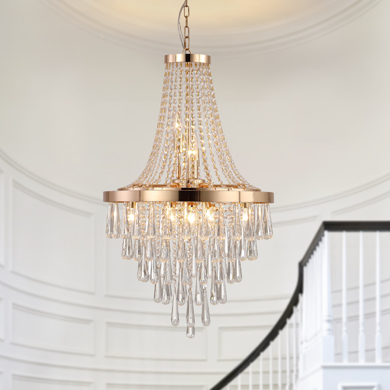 (Same as W1340102274/L5004) 20' Modern Crystal Pendant Chandelier with Golden Finish – Elegant 11-Light Hanging Light Fixture Tiered Design for Dining Room, Living Room, or Entryway (No Bulbs)