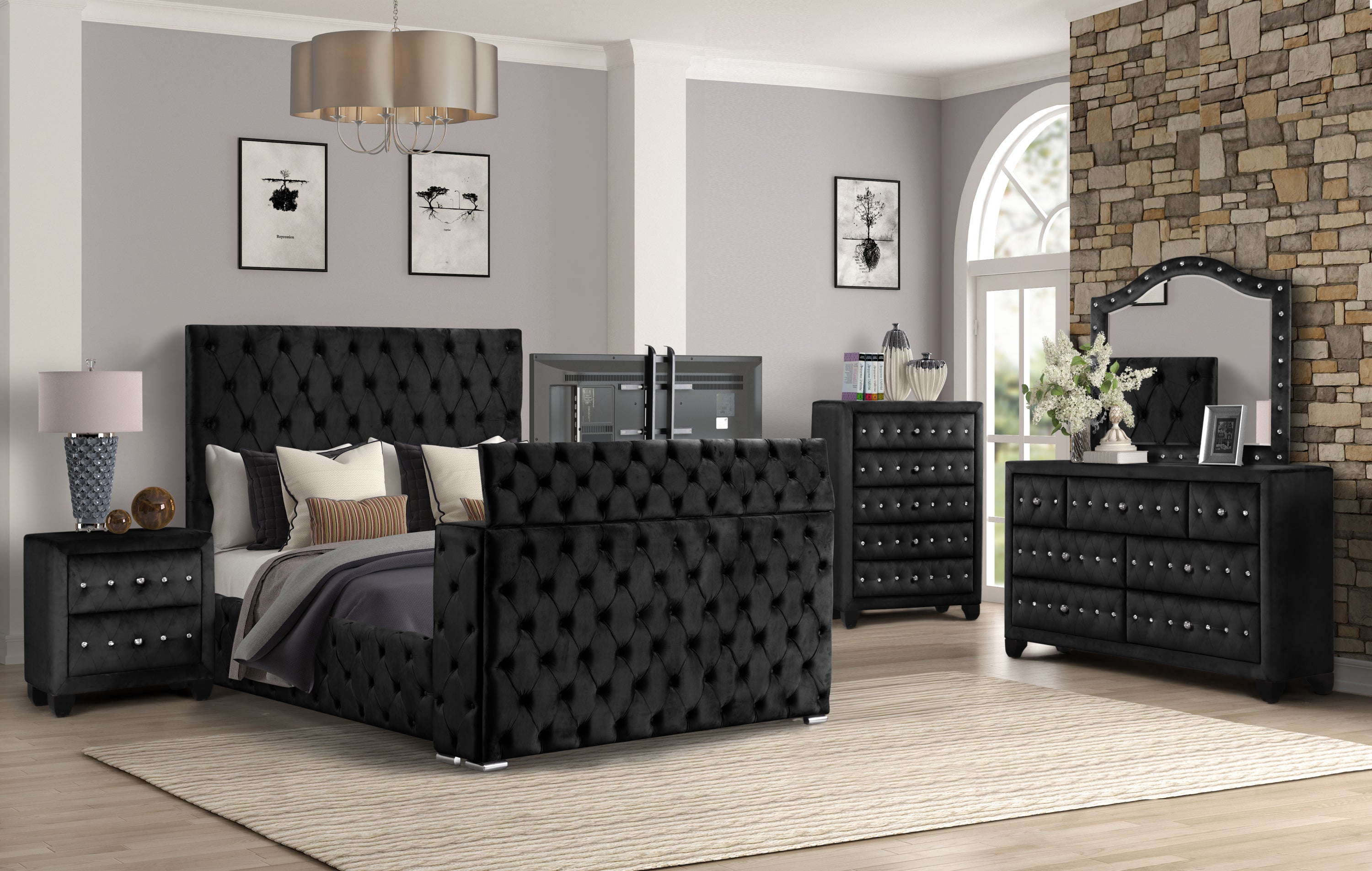 Encore Modern Style Tufted and Upholstered King 5PC Bedroom set made with wood in Black(NJ Inventory)