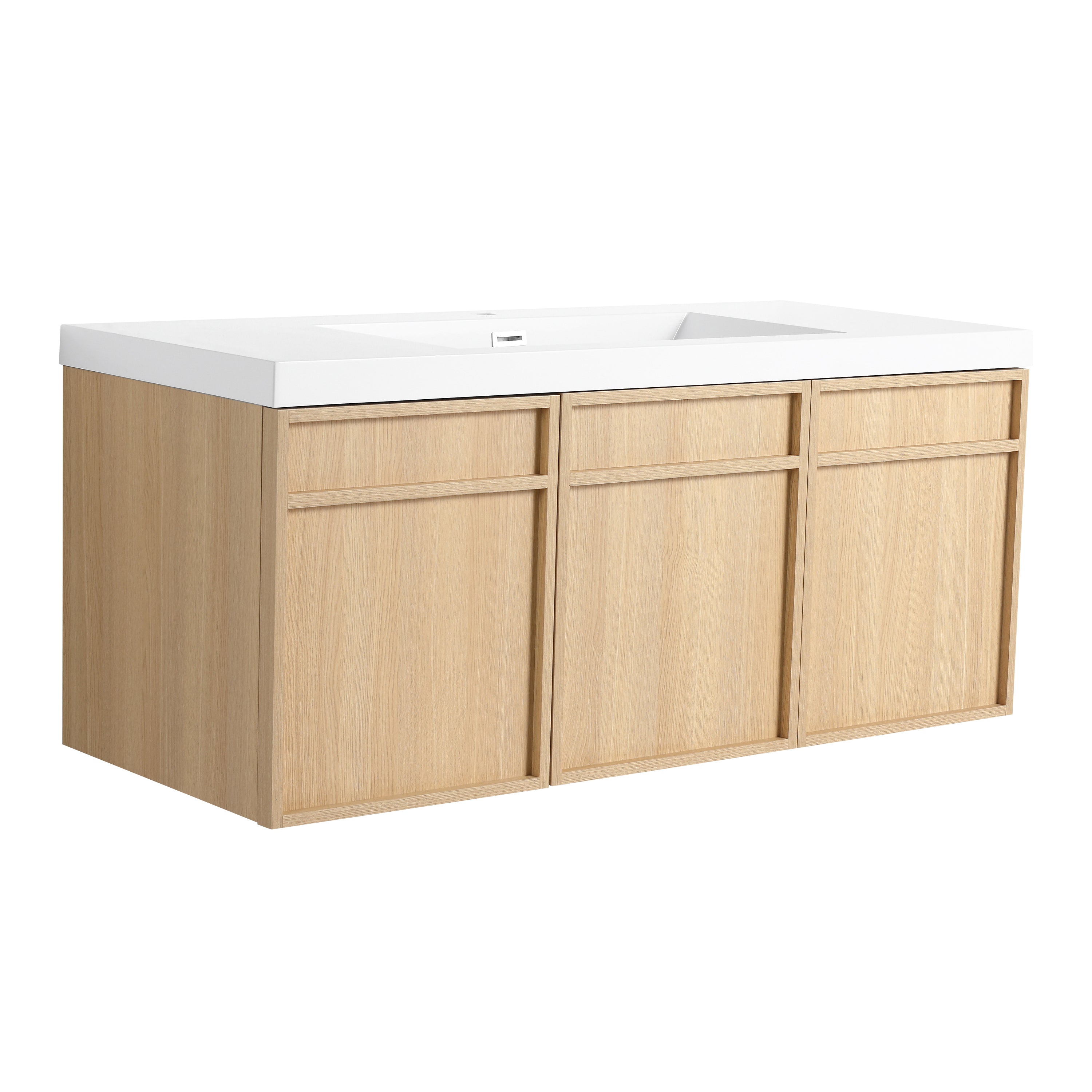 Original Oak Wall-Mounted Bathroom Vanity with Resin Sink and 3 Soft Closing Doors, Plywood, 48 Inch