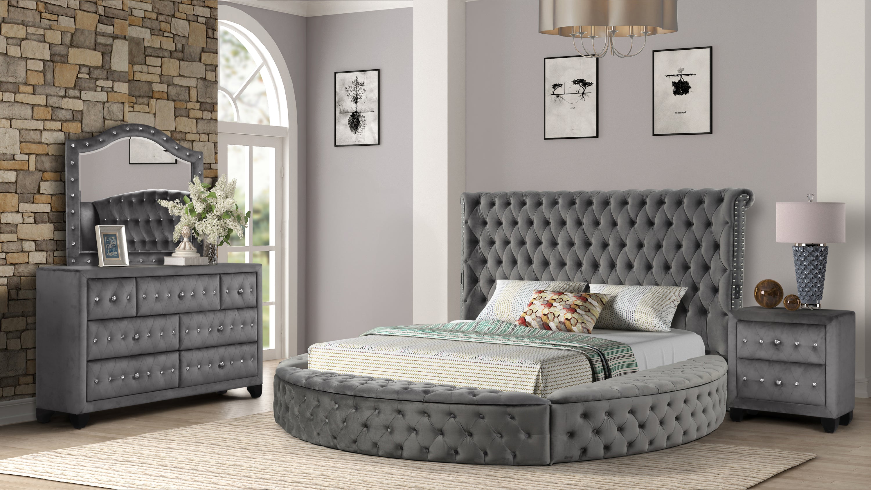 HAZEL Queen 4 Pc Tufted Upholstery Bedroom Set Made with Wood In Gray(CA INVENTORY)