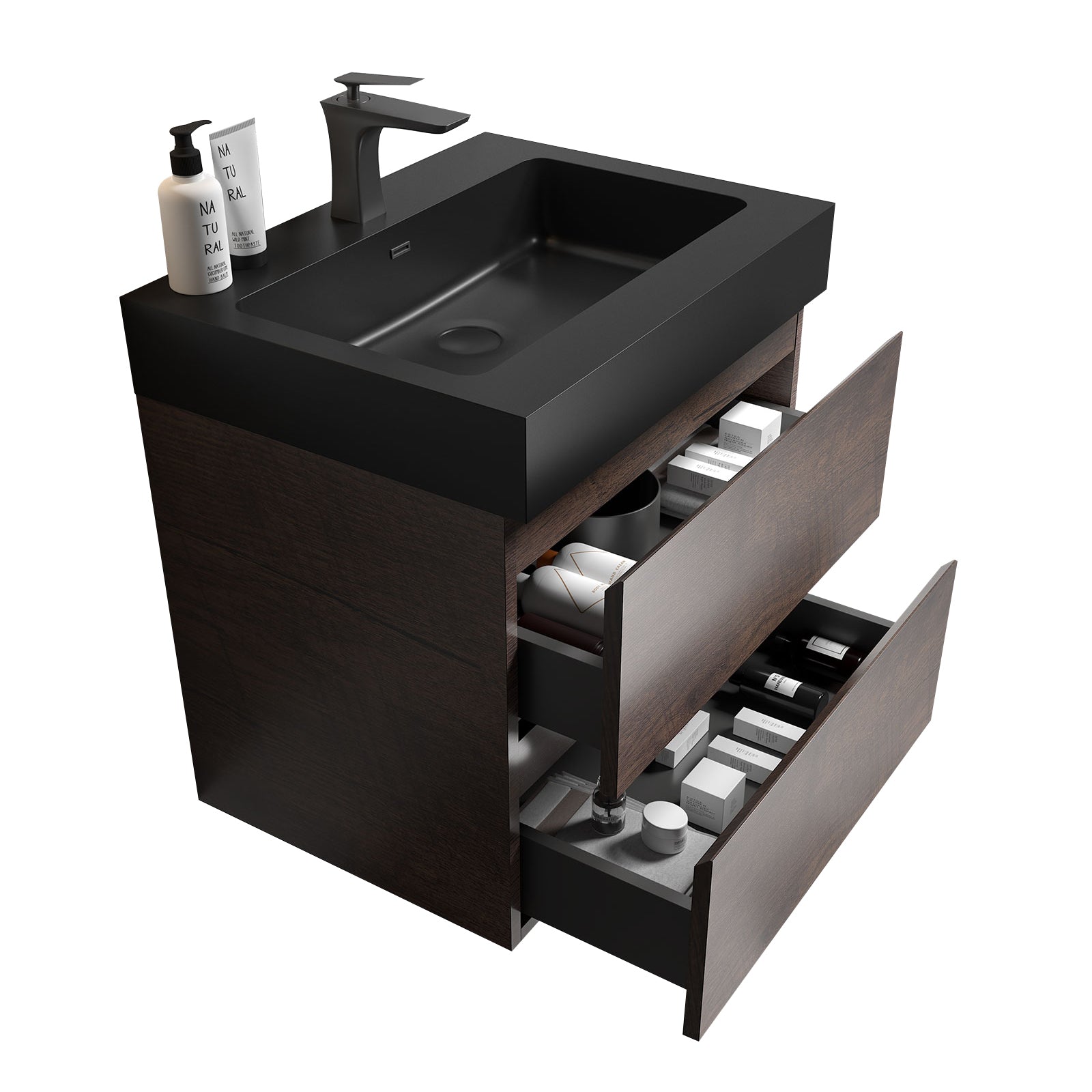 Alice 24' Walnut Bathroom Vanity with Sink, Large Storage Wall Mounted, Rosewood Finish, Melamine, 24'