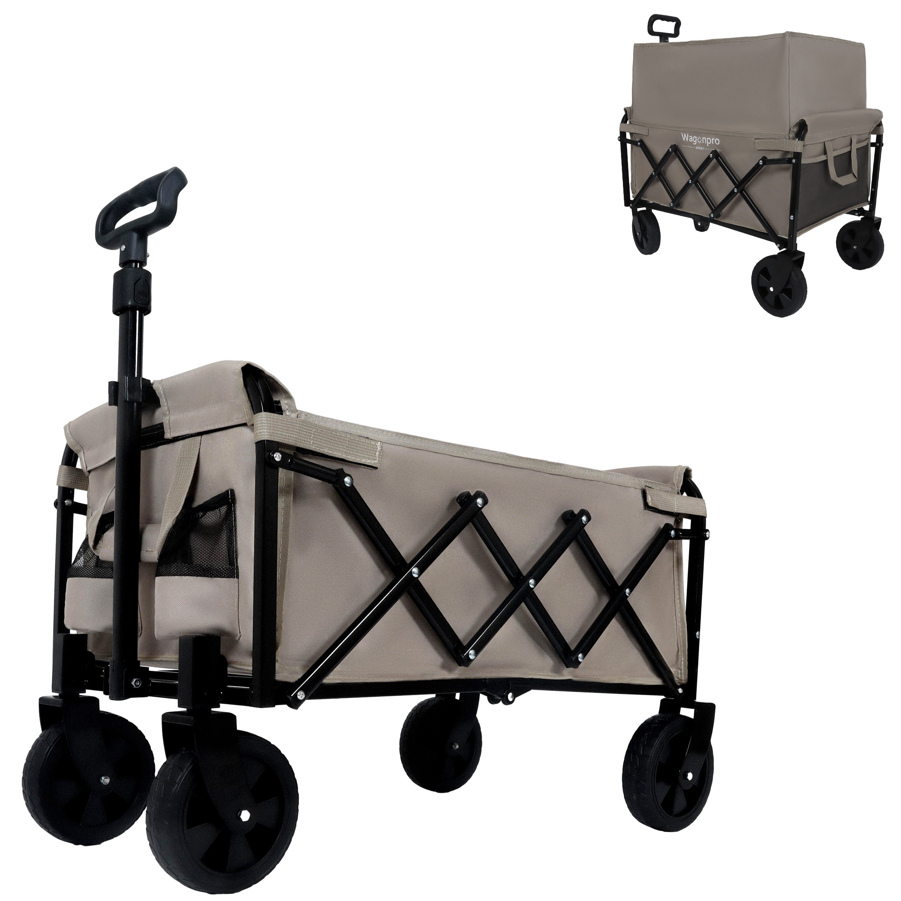 Expandable Dual-Layer Utility Wagon with 100% Extra Space - Grocery Cart for Camping, Shopping, Sports, Gardening, Fishing, Supports 225lbs, Beige