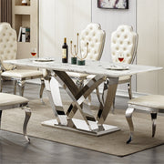Marble Dining Table for 6 People, 70'' Rectangle Faux Marble Dining Table with Mirrored Finish Stainless Steel Base, Modern Large Size Marble Kitchen Table (Silver,White)(only table)