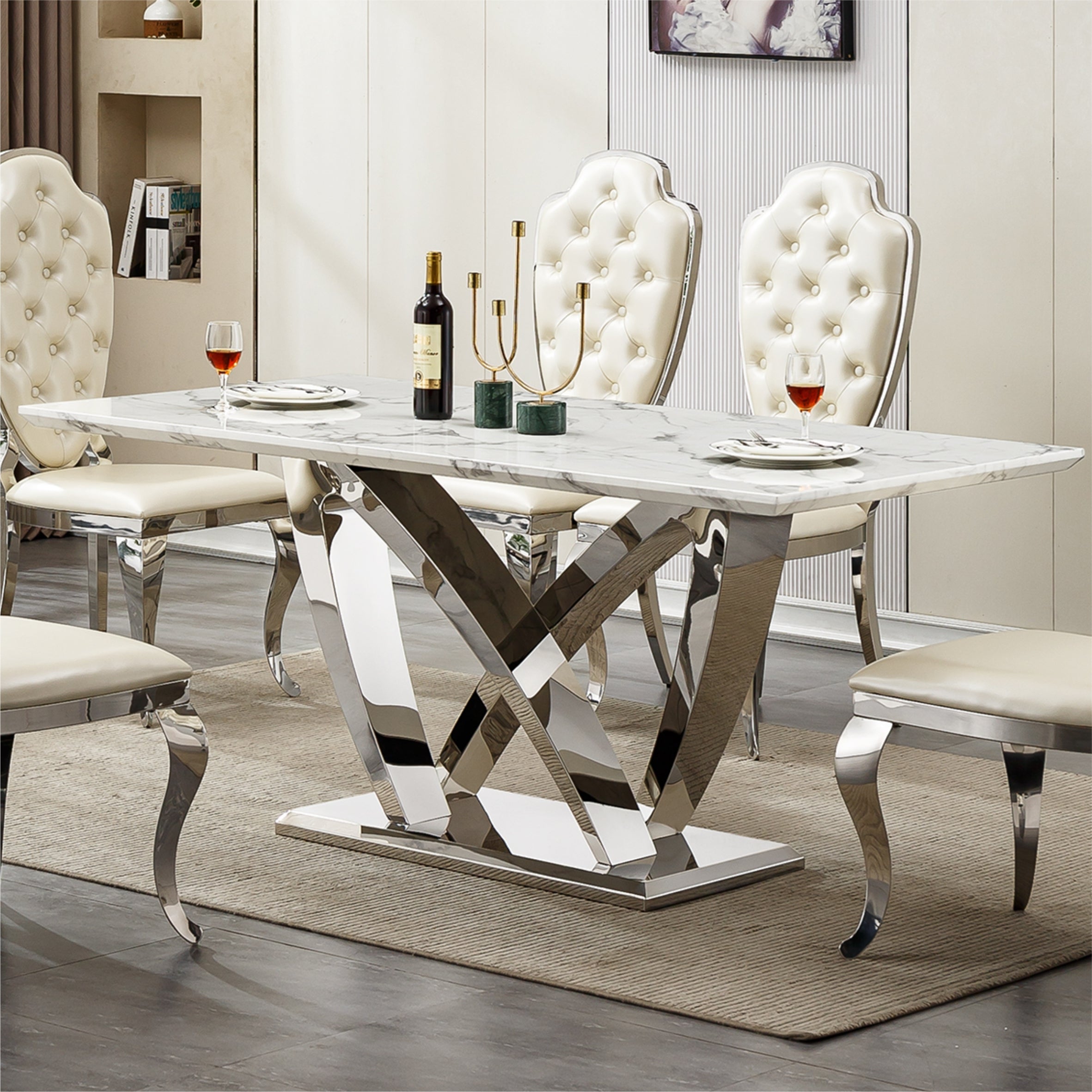 Marble Dining Table for 6 People, 70'' Rectangle Faux Marble Dining Table with Mirrored Finish Stainless Steel Base, Modern Large Size Marble Kitchen Table (Silver,White)(only table)