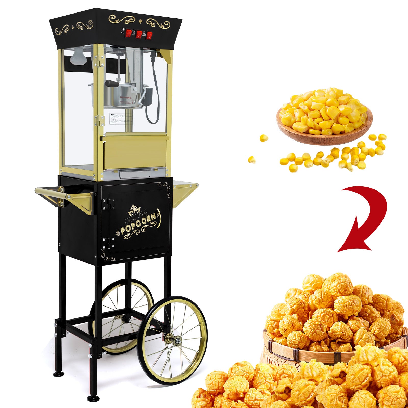 12oz Popcorn Machine Cart, Popcorn Cart with Wheels, Vintage Popcorn Machine with Stainless Steel Kettle, Movie Theater Style Popcorn Machine for Party, Black