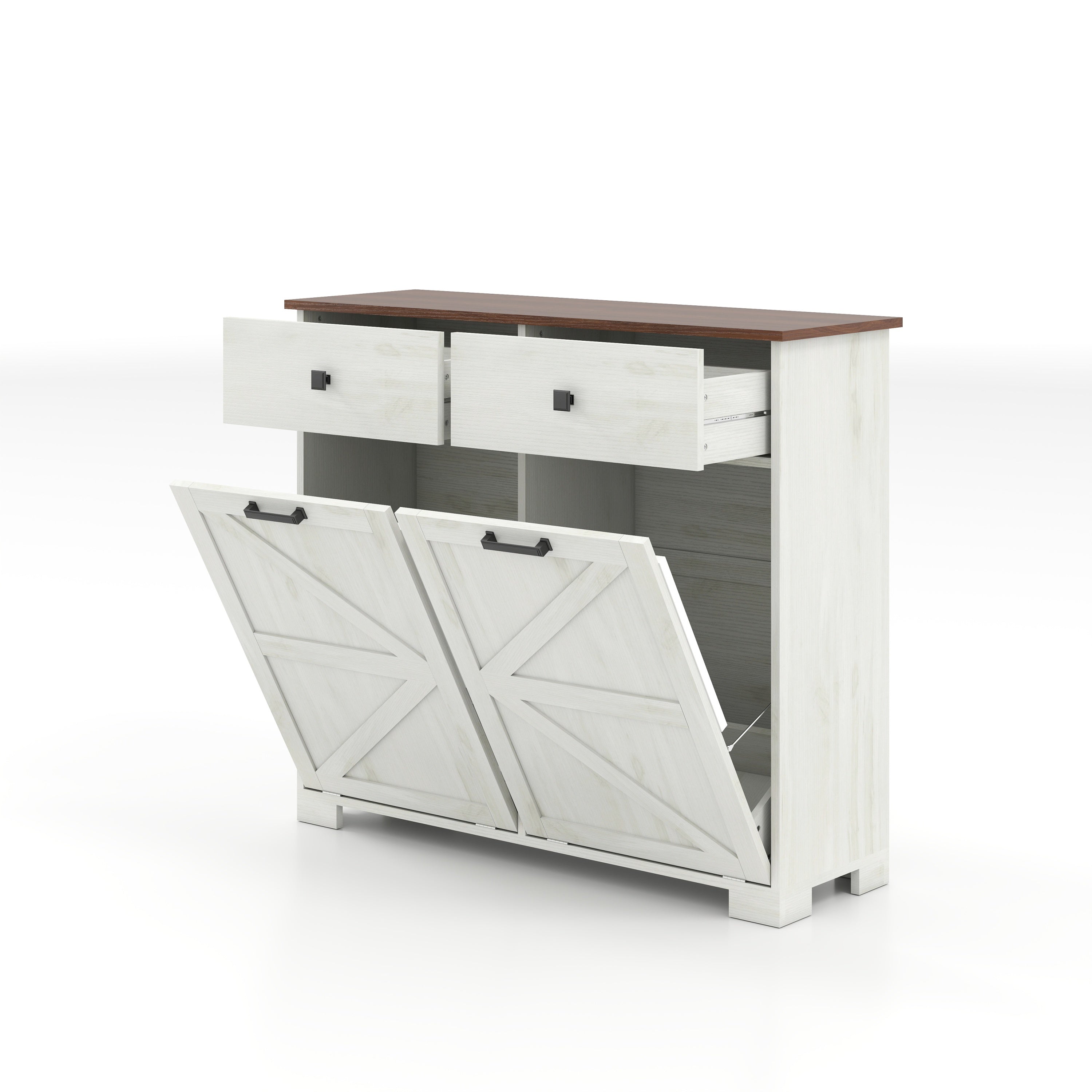 Farmhouse Barn Door Style Double Tilt Out Trash Cabinet for 20 Gallon Cans with Free Standing Recycling and Laundry Storage, Antique White & Brown Woodgrain
