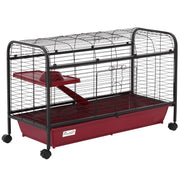 PawHut 41'L Small Animal Cage Rabbit Hutch Ferret Pet Play House with Feeder, Rolling Wheels, Platform, Ramp