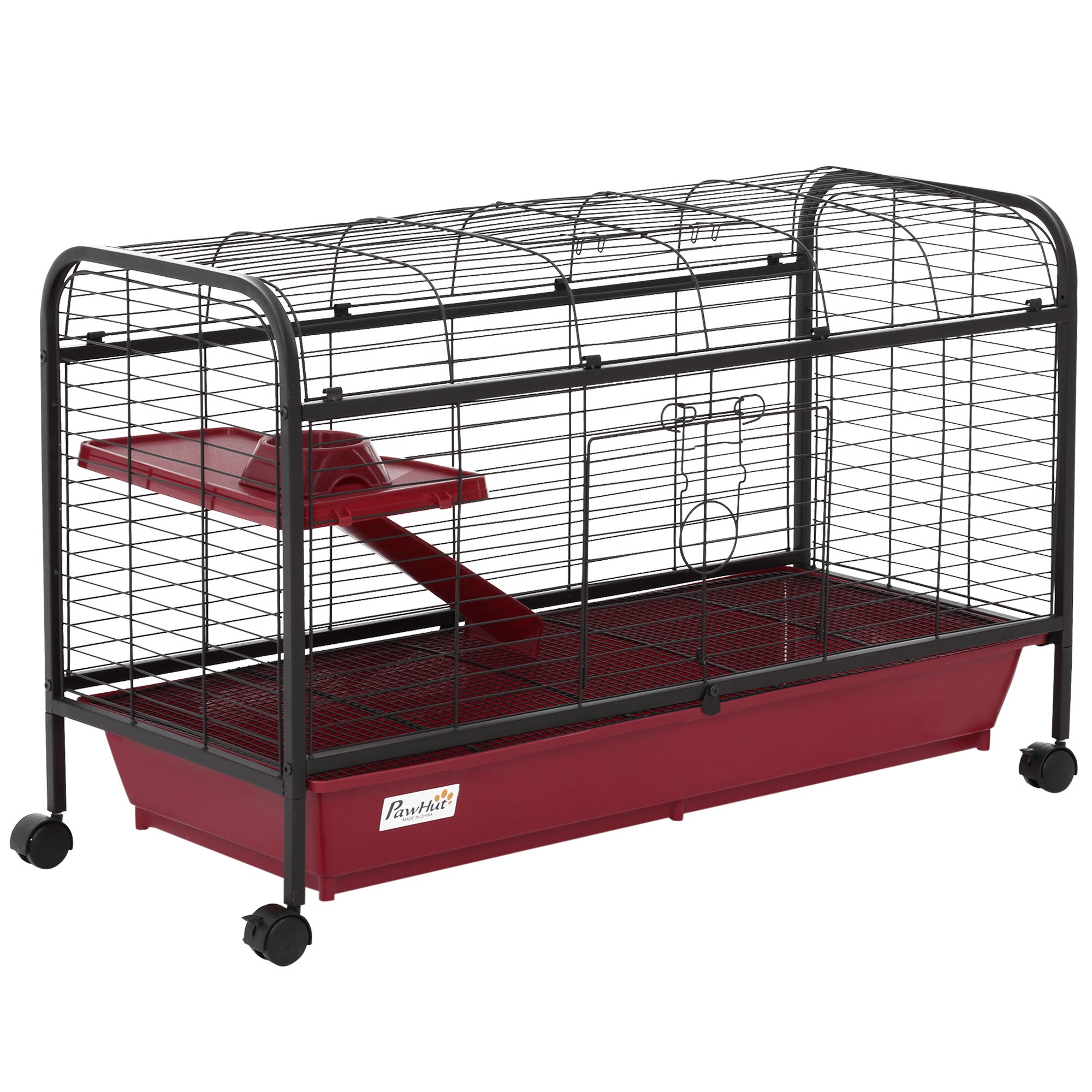 PawHut 41'L Small Animal Cage Rabbit Hutch Ferret Pet Play House with Feeder, Rolling Wheels, Platform, Ramp