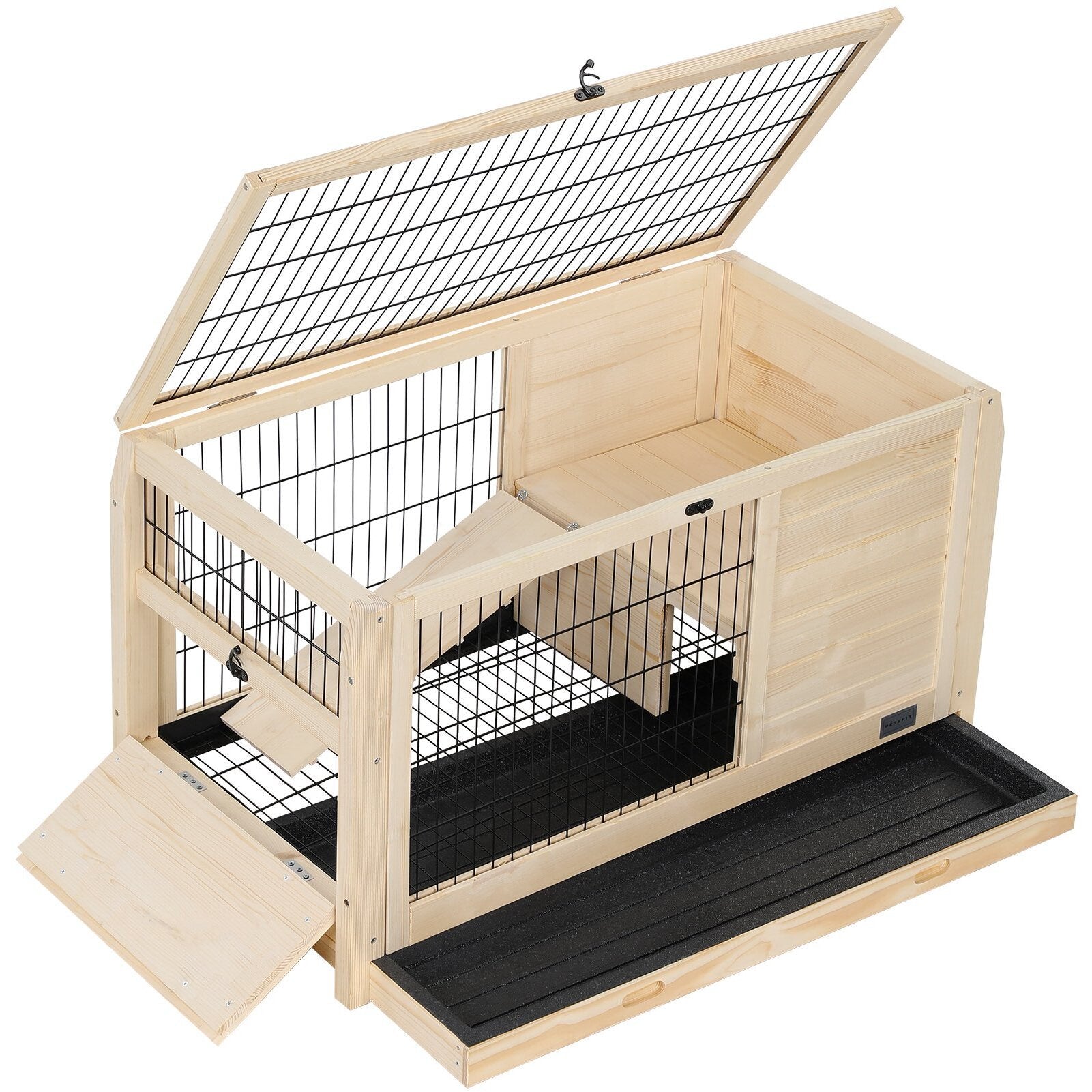 Natural Indoor Wooden Rabbit Hutch with Leak-Proof Tray and High-Quality Mesh, 38.6 x 18.9 x 20.1 inches