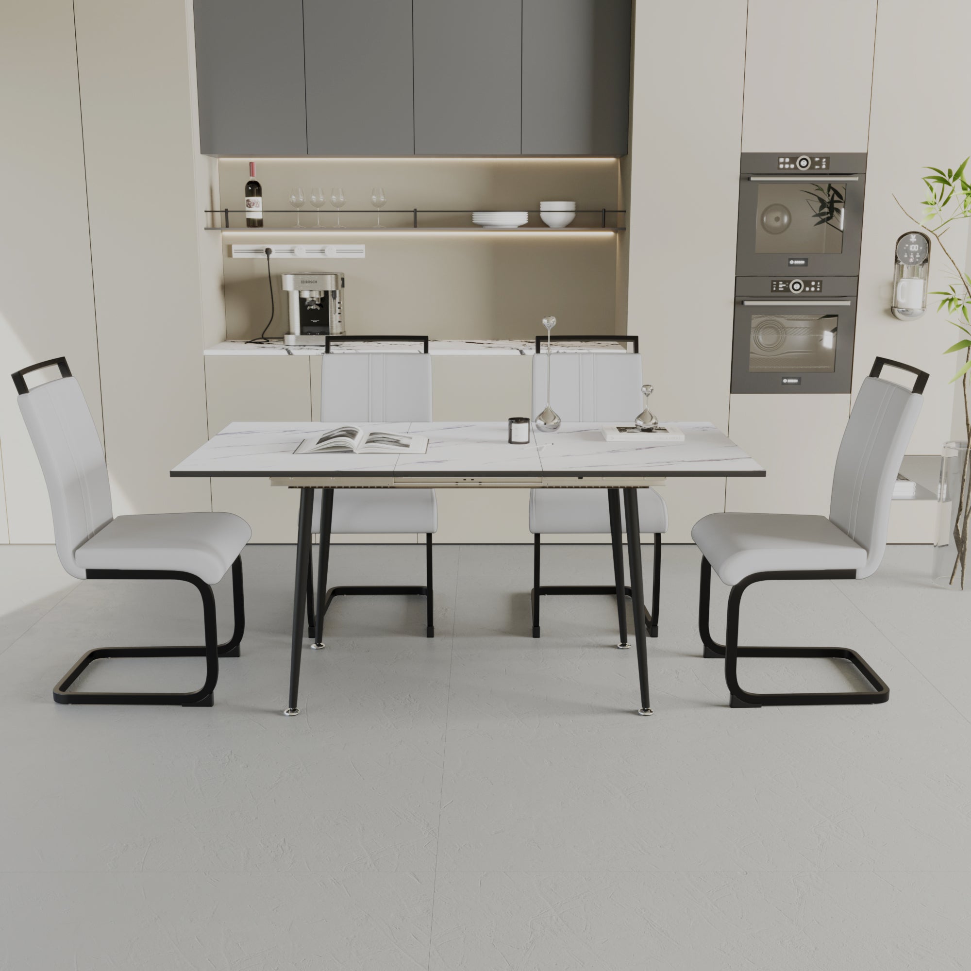 47'-63' expandable dining table set for 2-6 people, equipped with C-shaped tubular cushioned armless dining chair and an elegant and spacious dining table kitchen table and chair set, with metal legs