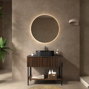 ZENO 36' Bathroom Vanity with Sink, Freestanding Striped Design Bathroom Storage Cabinet with Drawer and Metal Supporting Structure, Open Shelf, Black Ceramic Basin, Dark Walnut Woodgrain Color