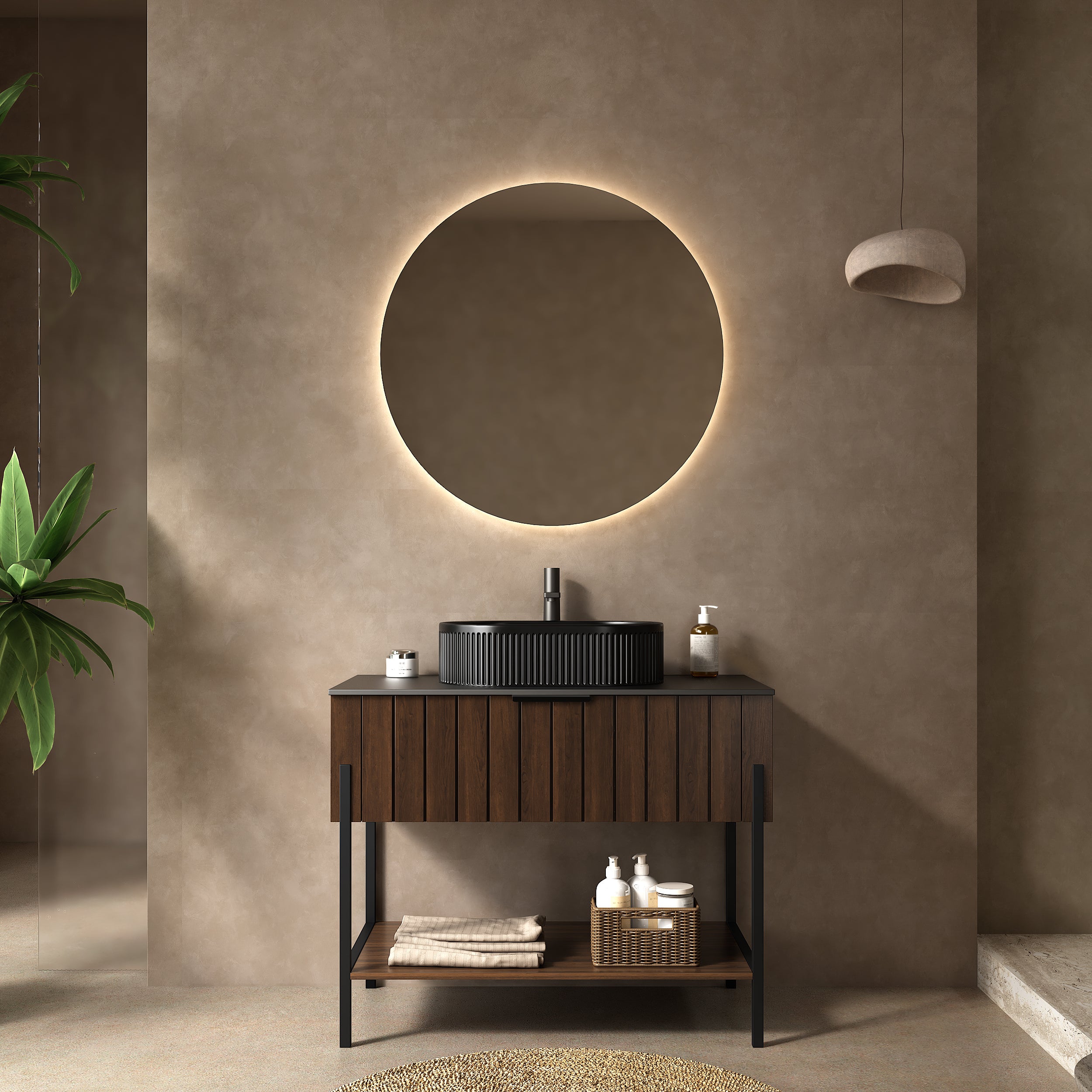 ZENO 36' Bathroom Vanity with Sink, Freestanding Striped Design Bathroom Storage Cabinet with Drawer and Metal Supporting Structure, Open Shelf, Black Ceramic Basin, Dark Walnut Woodgrain Color