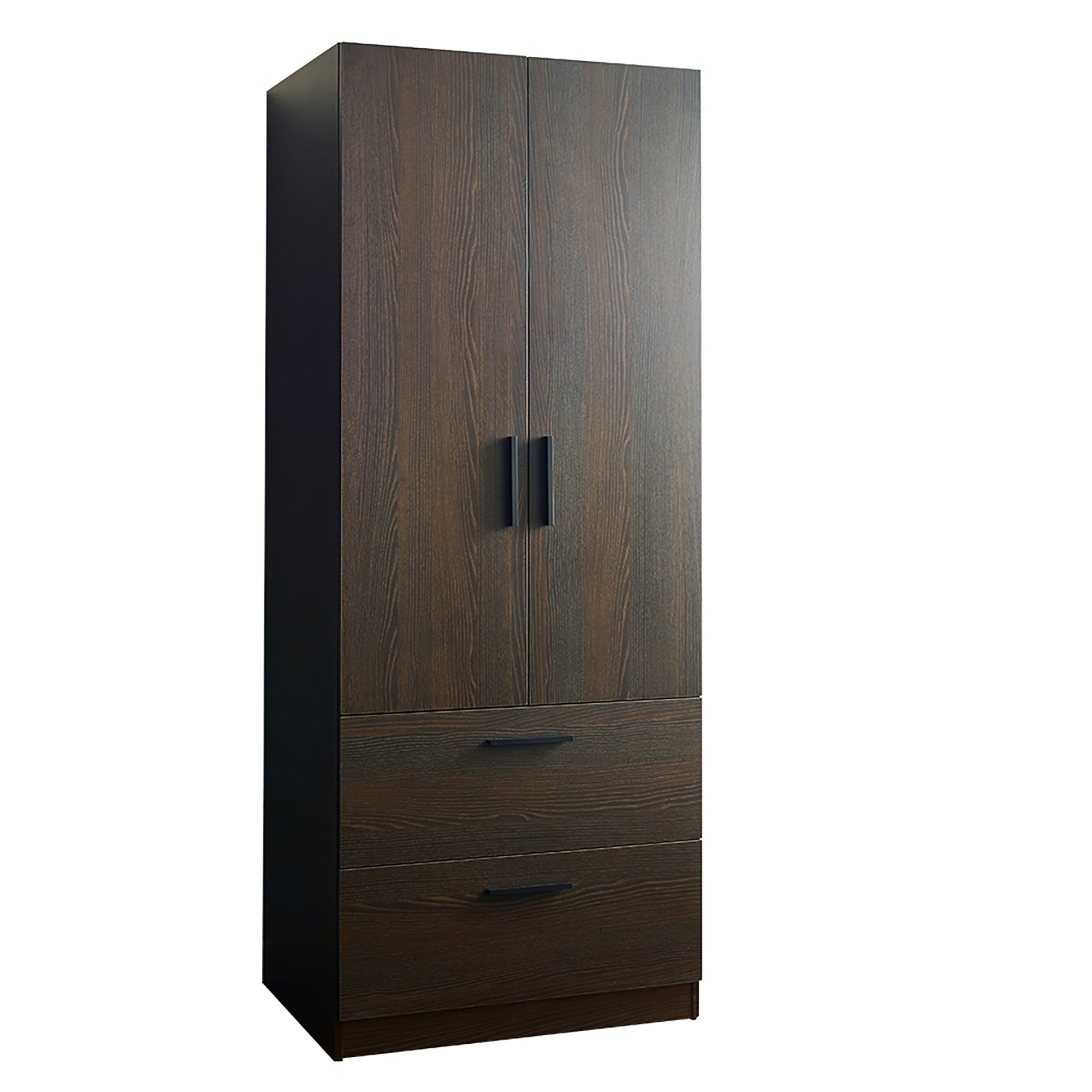 Brook Two-Door Wood Closet with Two Drawers and Hanging Bars in Dark Brown Solid Wood