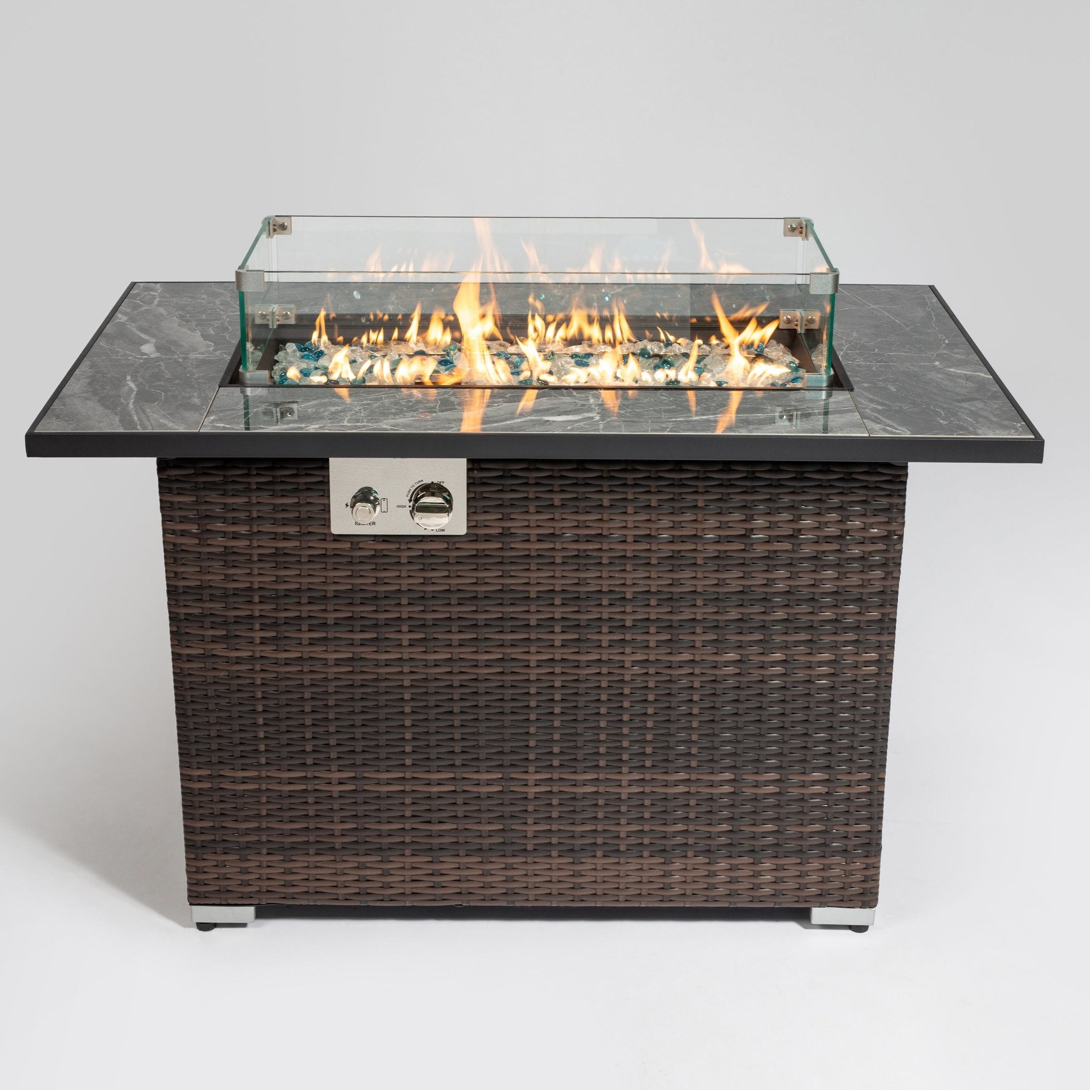 44' Propane Gas Fire Pit Table, 50000 BTU Rectangular Fire Pit, Tile Tabletop with Beautiful Wicker Base for Outside Patio Deck Garden Courtyard-Brown