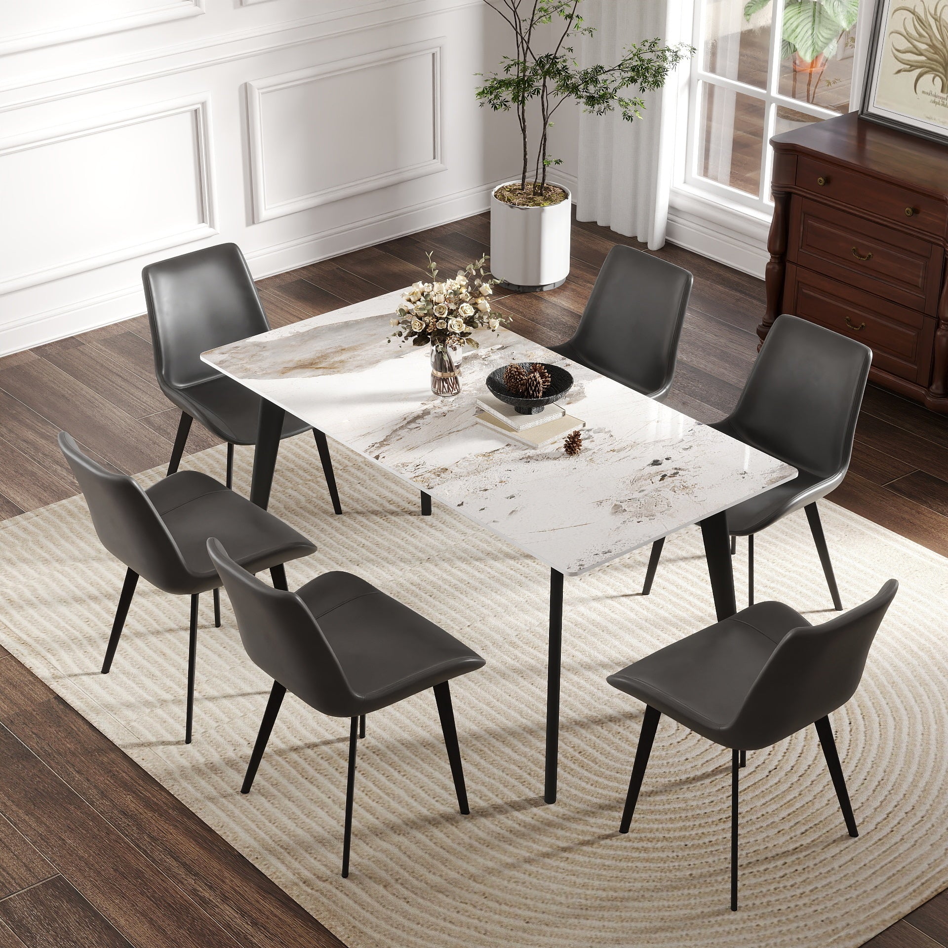 62.99' Modern Artificial Stone White Pandora Straight Edge Black Metal Leg Dining Table-Can Accommodate 6 People(Dining Table Only)