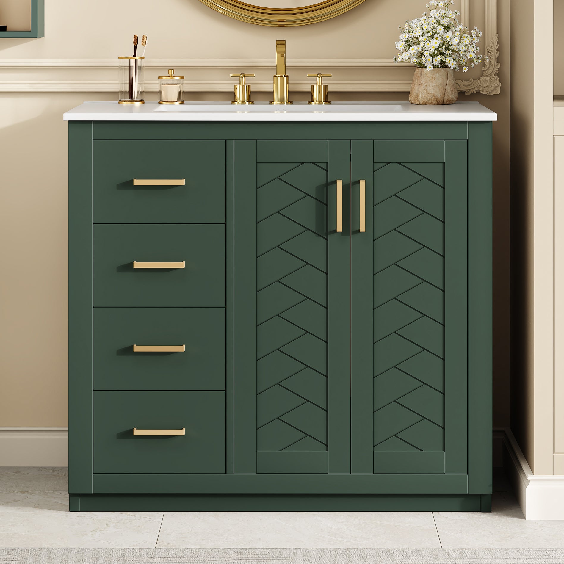 36'' Bathroom Vanity with Ceramic Sink Combo, Solid Wood Frame Bathroom Storage Cabinet, Freestanding Vanity Set with 3 Drawers& Soft Closing Doors