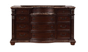 1pc Marble Top 11 Drawers Dresser Intricate Moldings Beautifully Curved Silhouette Brown Dark Cherry Finish Bedroom Solid Wood Furniture