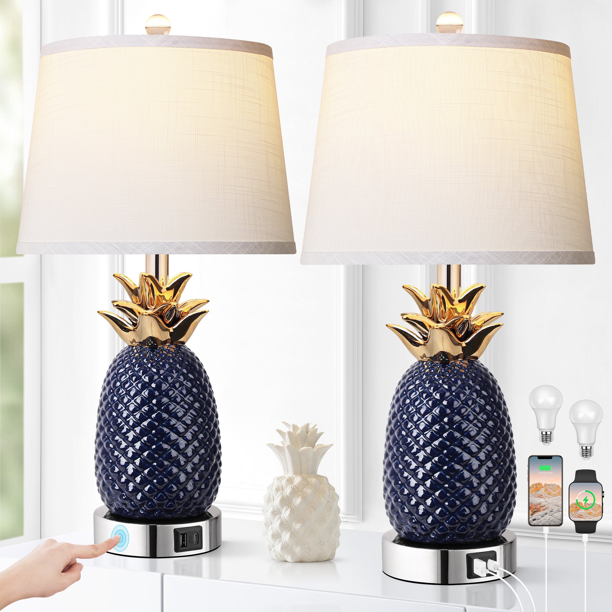 22' Pineapple Table Lamps Set of 2, 3 way Dimmable Ceramic Table Lamp for living room, Navy Blue Modern Table Lamp with USB Port, Tall Coastal Table Lamps for Bedroom, Home Office, Bulbs Included, 9W