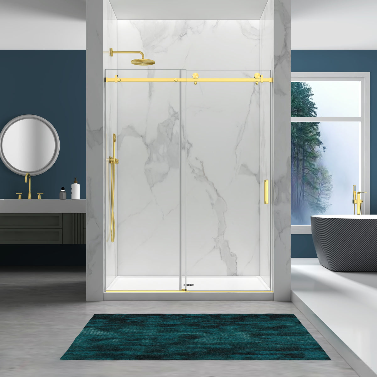 56-60'W×76'H Frameless Soft-Close Shower Door,6mm SGCC Tempered Glass+Protective,Brushed Gold,Stainless Steel Handle/ Rail,Adjustable Width,Easy Inst