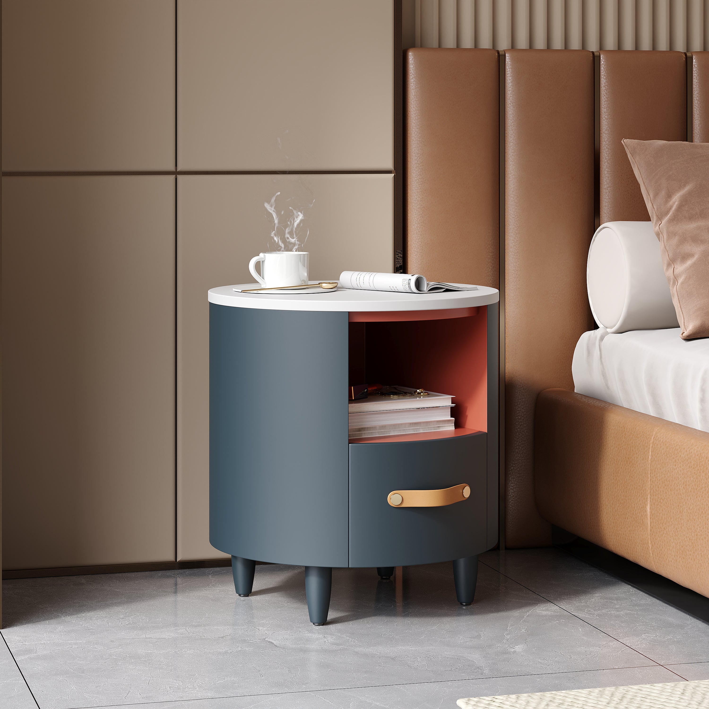 Contemporary & Modern Round Nightstand with Storage Drawer, Sofa End Table with Open Storage Shelf, Bedside Table with Curved Design for Living Room & Bedroom, Easy Assembly, Blue