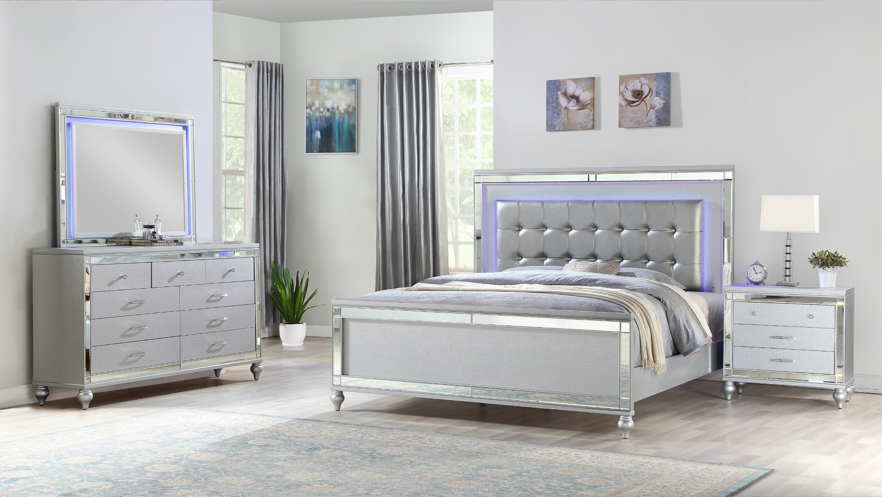 STERLING Queen 4 PC LED Bedroom set made with wood in Silver Color(NJ INVENTORY)
