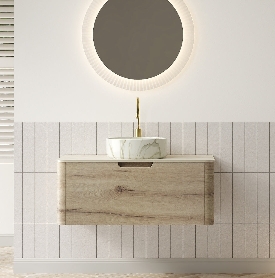 XAI 36' Bathroom Vanity with Sink, Floating Plywood Storage Cabinet with Drawer, Ceramic Basin with Stone Pattern and Travertine-Pattern Sintered Stone Top, Pre-assembled, White Oak Woodgrain Color