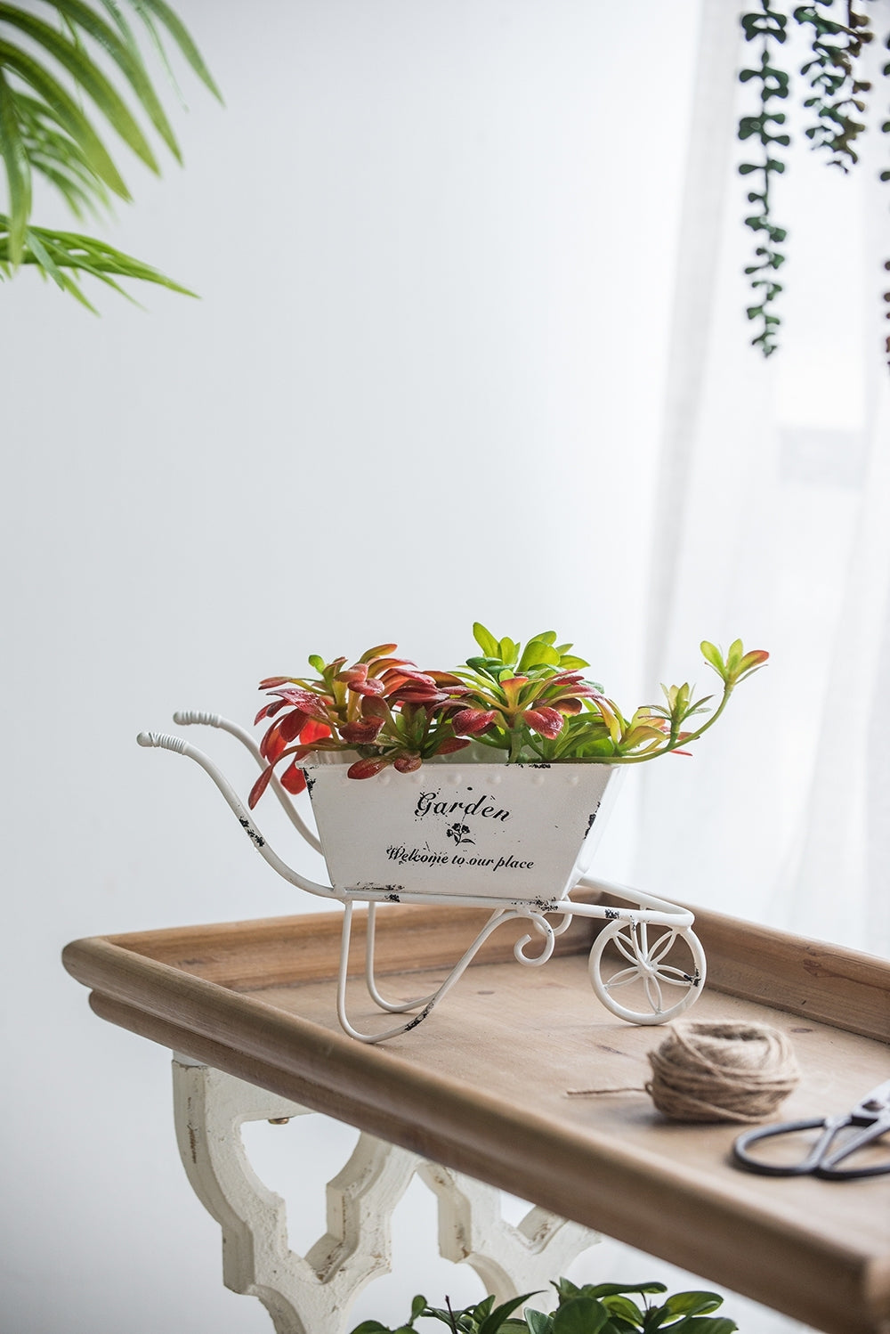 11.5x4x7' White Metal Decorative Disressed Wheelbarrow Planter, Tabletop Decor