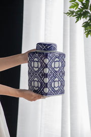 5.3x5.3x10' Valora Blue and White Square Lidded Jar