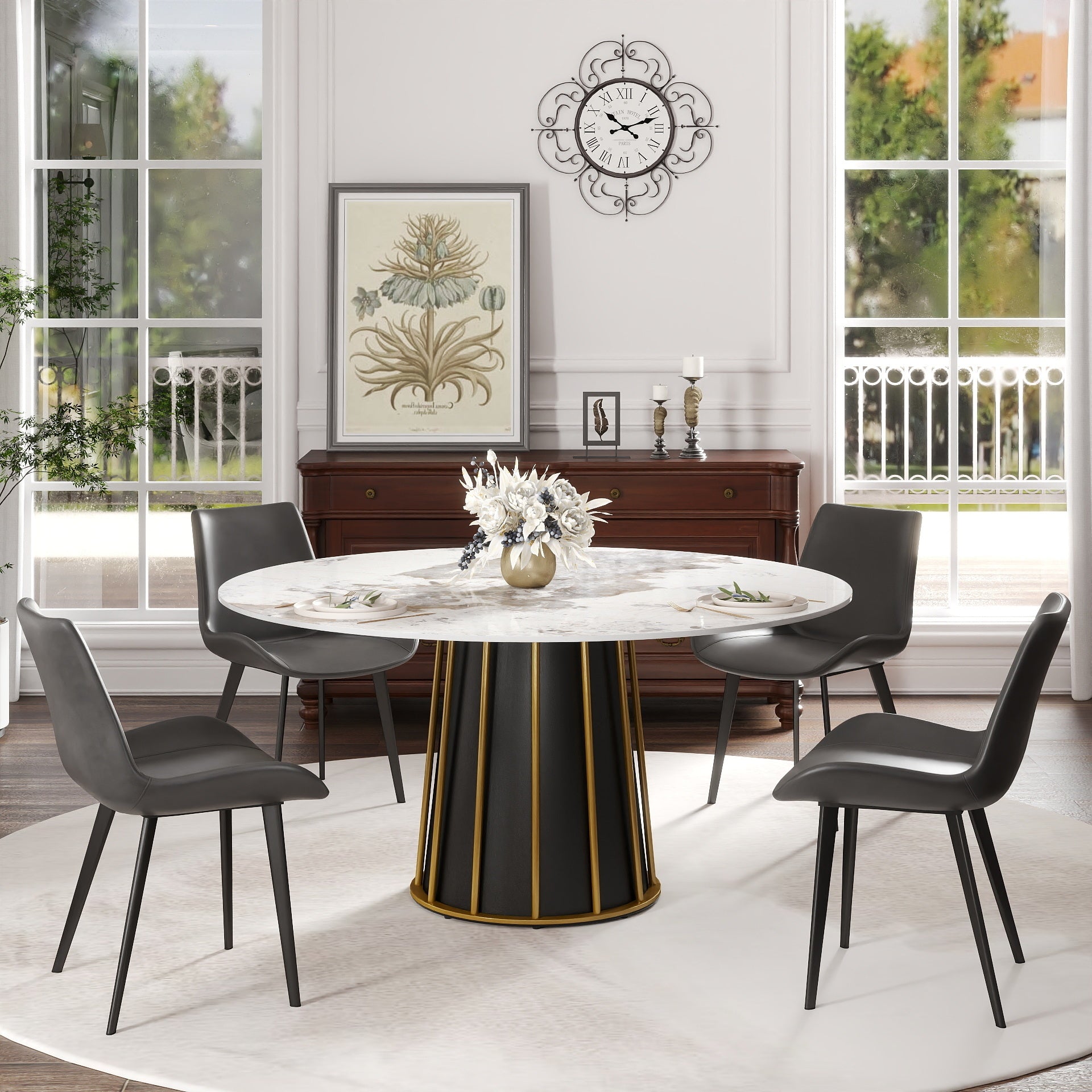 59.05'Modern Artificial Stone Round White Panel Metal Iron Base Dining Table-Can Accommodate 6-8 People.(Not Including Chairs)