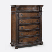 1pc Marble Top Five Drawers Tall Chest Intricate Moldings Beautifully Curved Silhouette Antiqued Hardware Bedroom Solid Wood Furniture Coffee Brown Finish