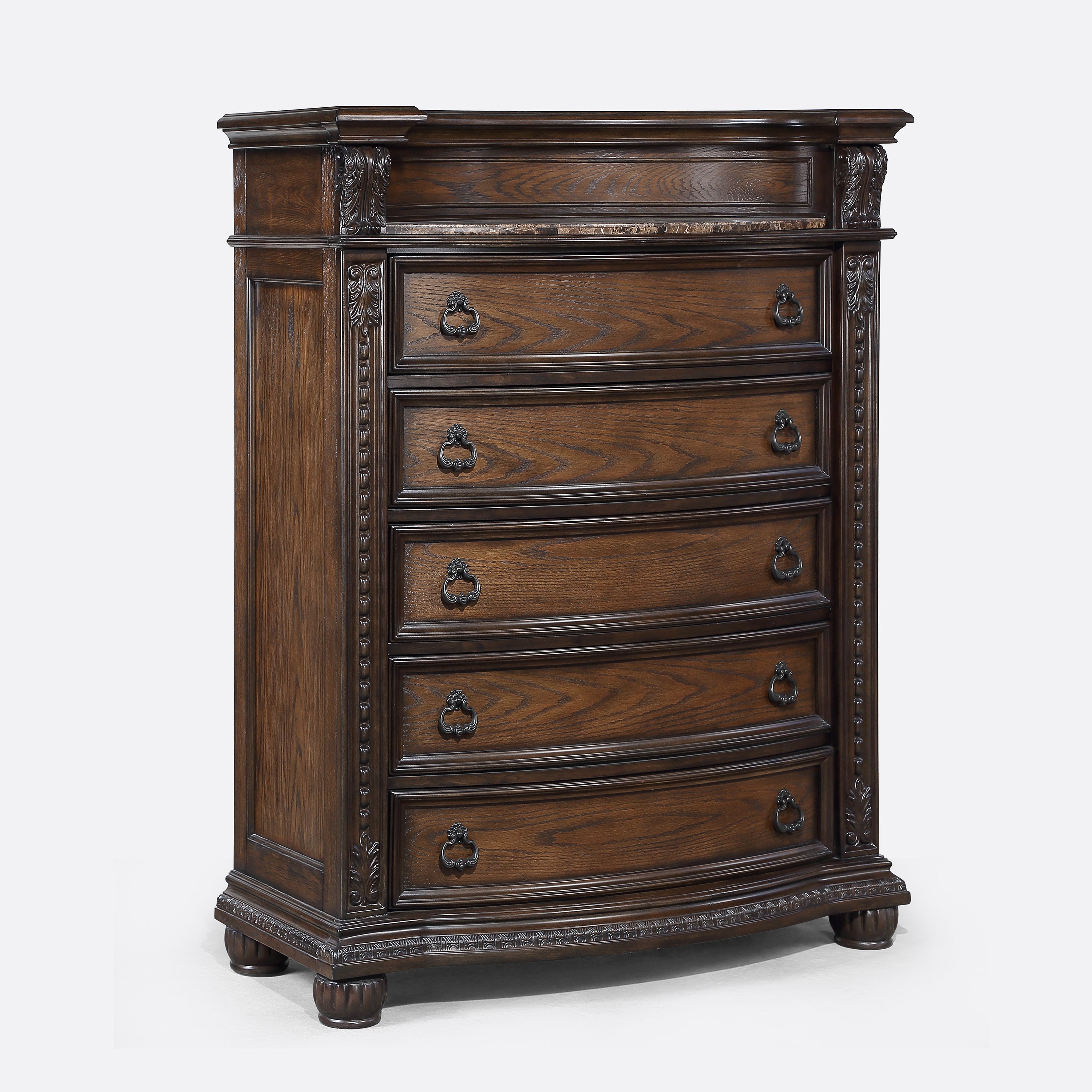 1pc Marble Top Five Drawers Tall Chest Intricate Moldings Beautifully Curved Silhouette Antiqued Hardware Bedroom Solid Wood Furniture Coffee Brown Finish
