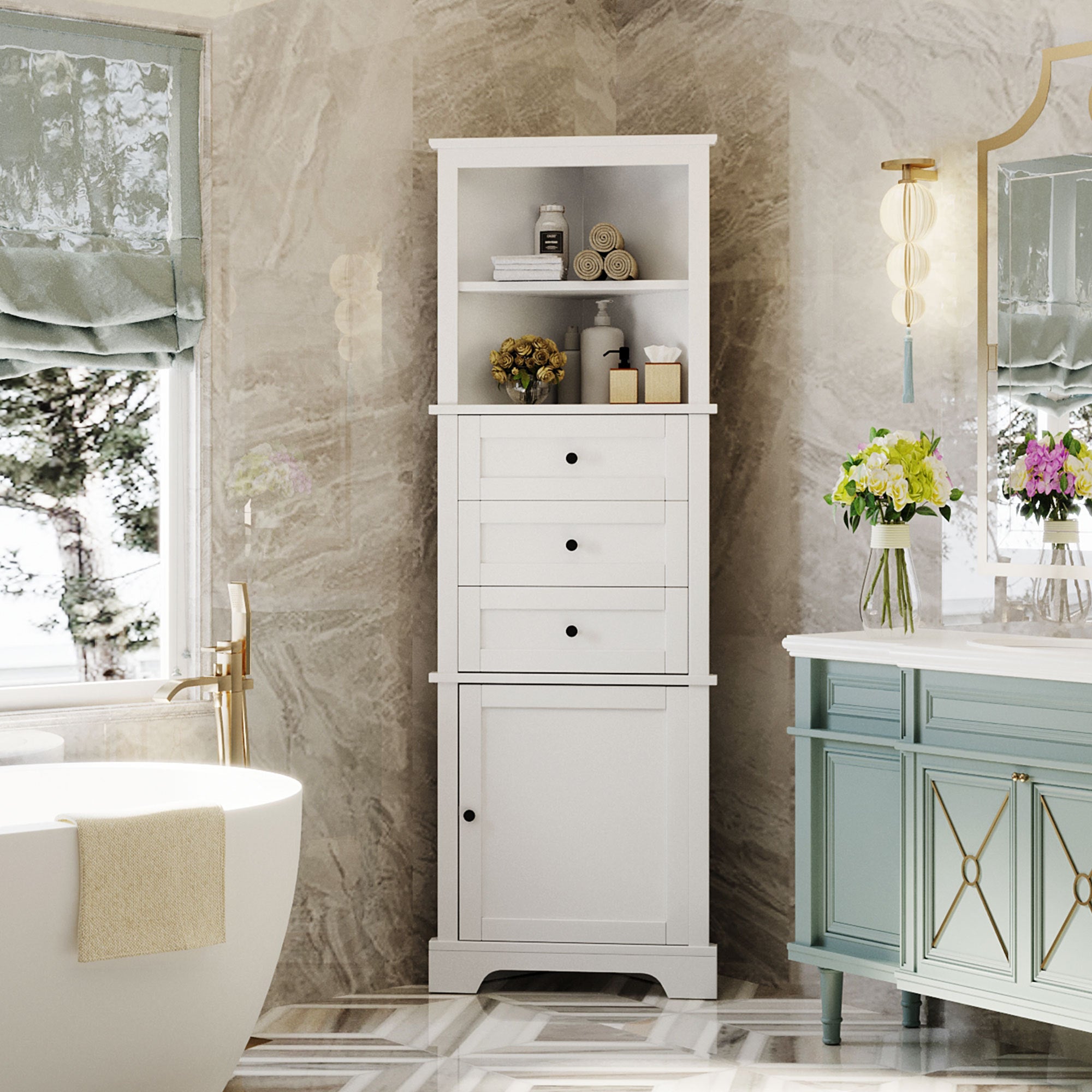 White Triangle Tall Cabinet with 3 Drawers and Adjustable Shelves for Bathroom, Kitchen or Living Room, MDF Board with Painted Finish(Old SKU:WF298150AAK)