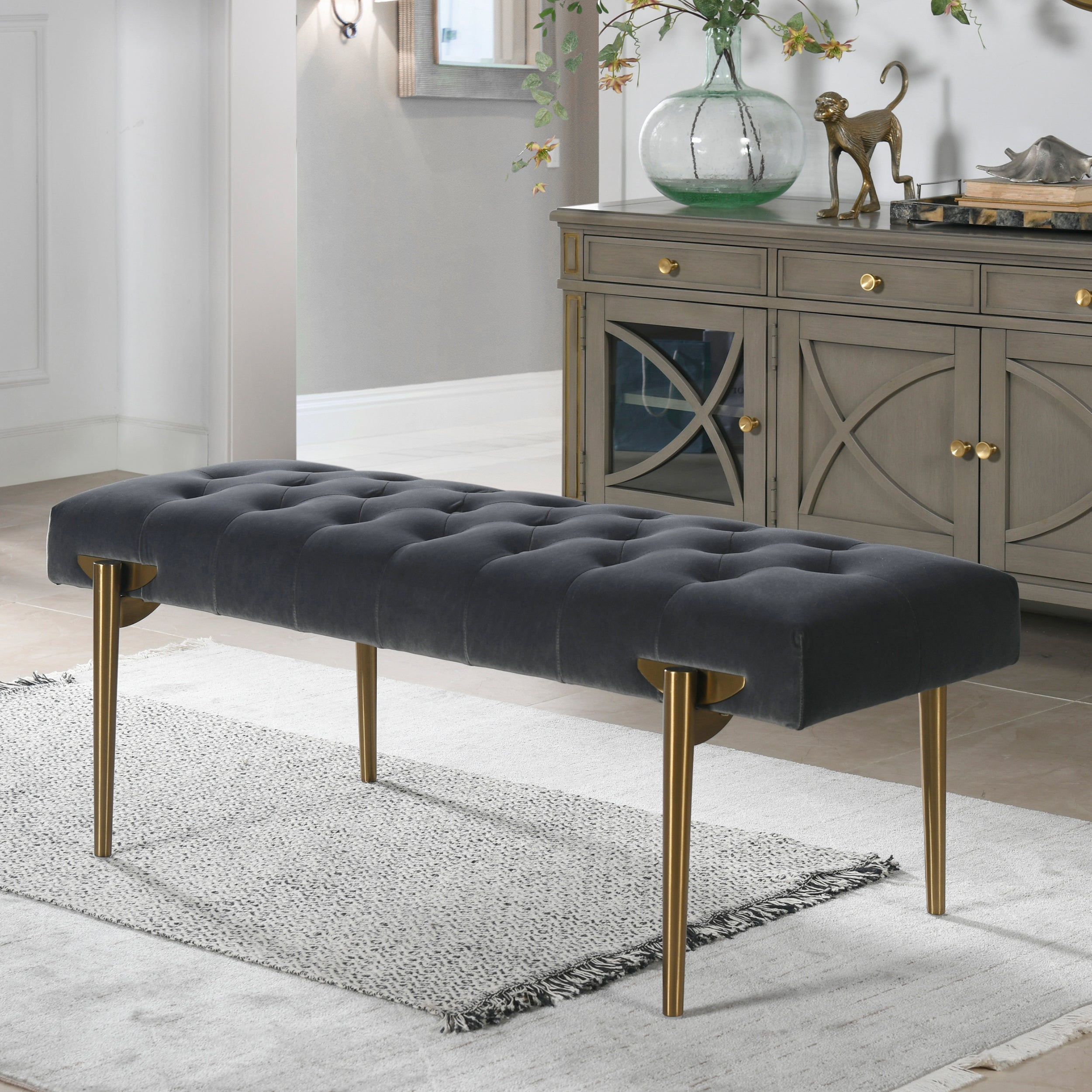 Aria Upholstered Gold Accent Bench, Steel Gray Performance Velvet