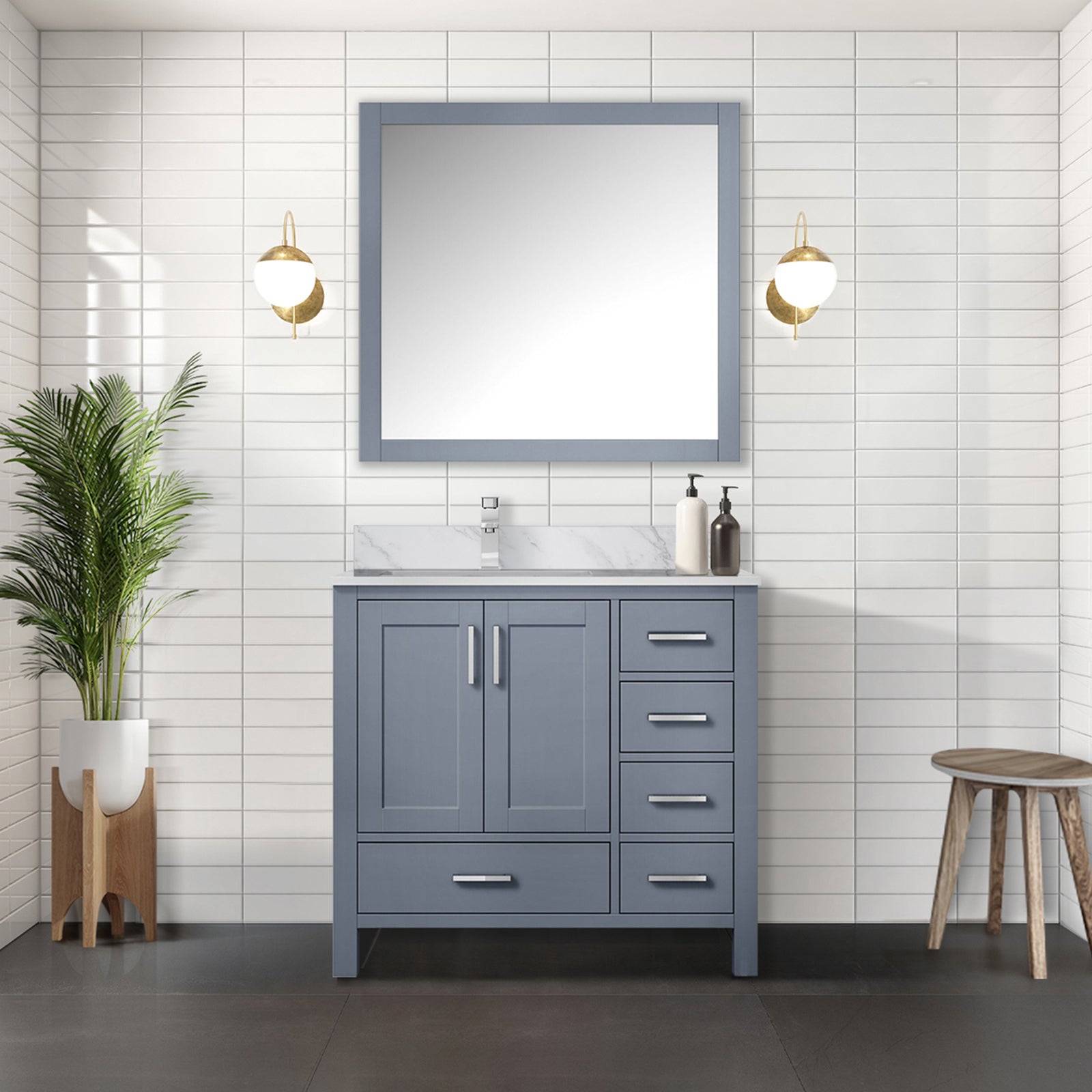 Dark Grey Bath Vanity 36 in. W x 22 in. D, Left Offset Carrara Marble Top, and Faucet Set