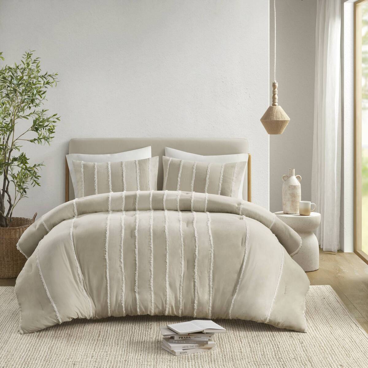 3 Piece Striped Cotton Comforter Set Taupe Full/Queen