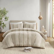 3 Piece Striped Cotton Comforter Set Taupe Full/Queen