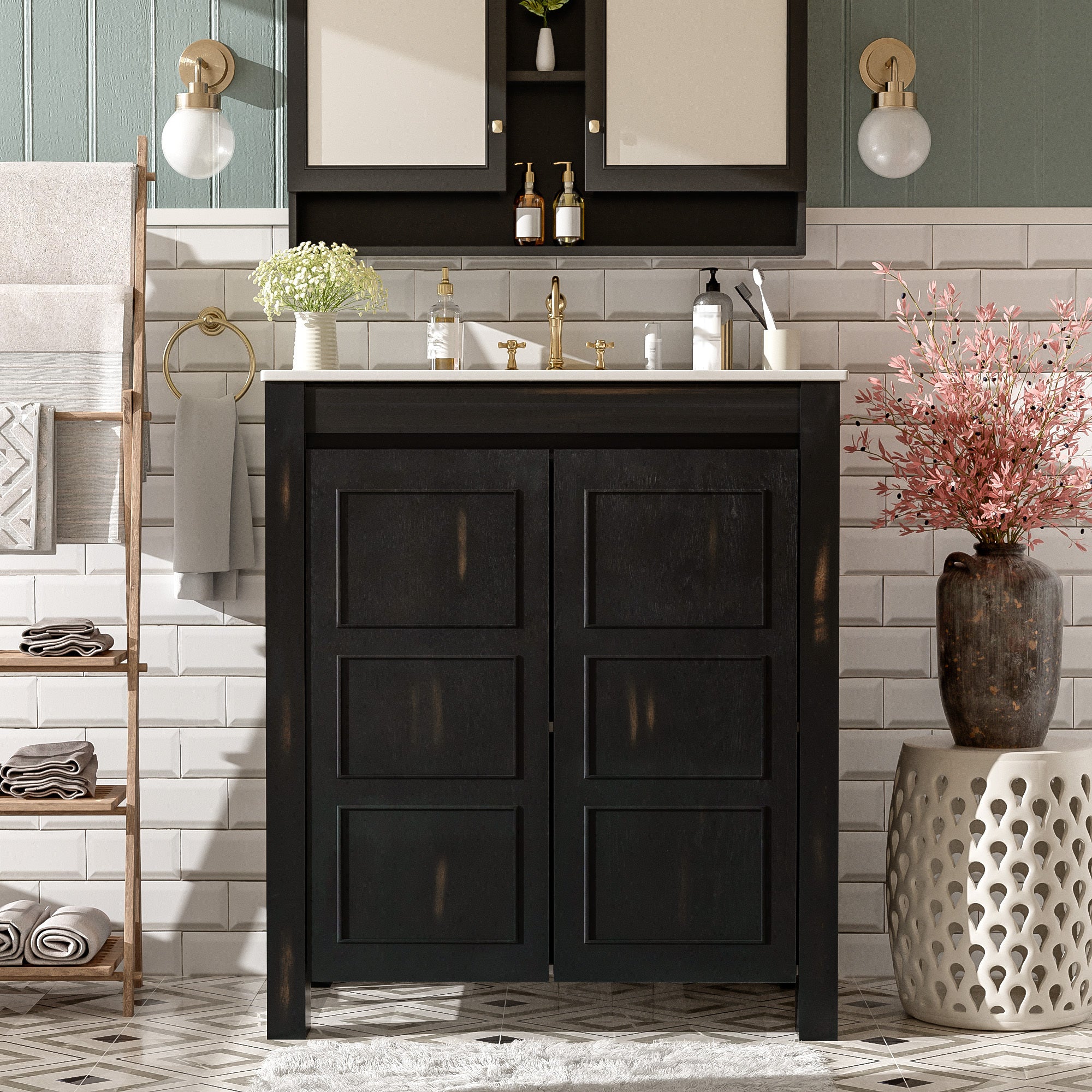 30' Rustic Bathroom Vanity with Ceramic Sink, Soft-Close Doors & Adjustable Shelf, Espresso Storage Cabinet, Modern Wood Frame, Ample Space, Easy to Clean