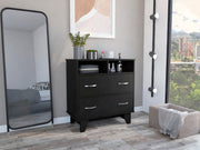 Portanova Two Drawer Dresser, Two Open Shelves, Superior Top,  Four Legs -Black
