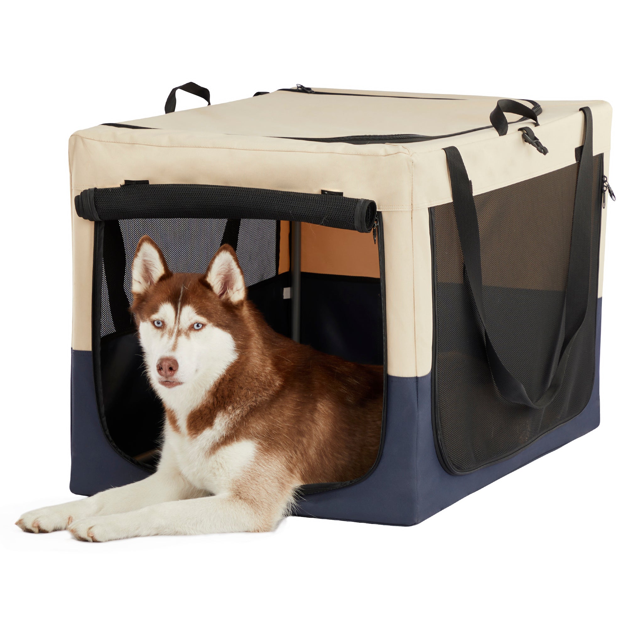 Spiral Iron Pipe Dog Crates with Adjustable Fabric Cover, 3 Door Design, White and Blue, Oxford Fabric