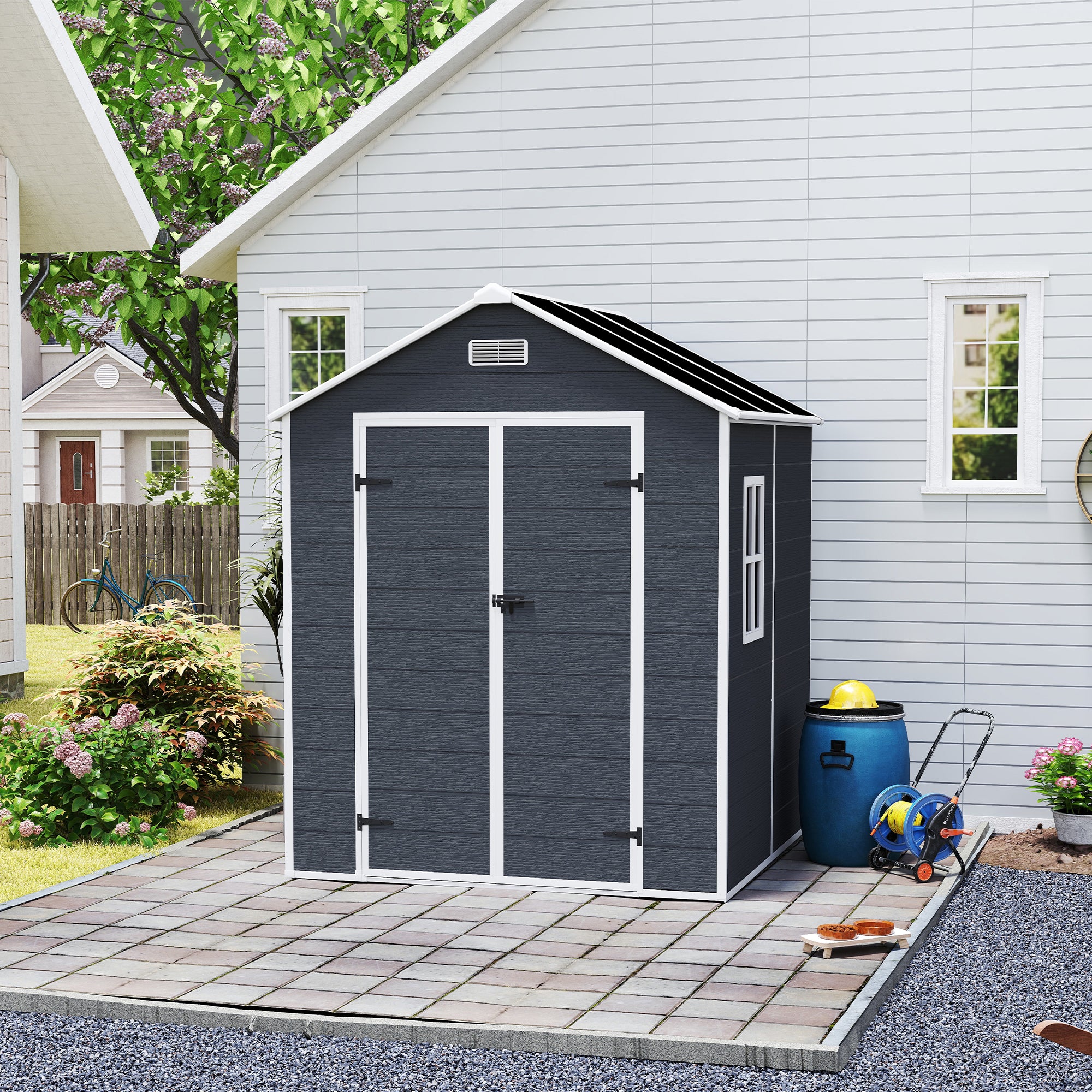Campcraft 6*6ft resin storage shed, high quality pp material, strong structure, waterproof, rust and UV proof, large storage space, 12mm thick pp board, HD window lighting Dark gray