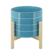 8' STRIPED PLANTER W/ WOOD STAND, SKYBLUE