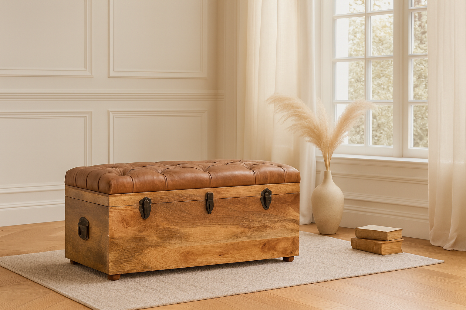 Solid Wood Buffalo Hide Oak-ish Storage Trunk, Leather Upholstered, Brown and Tan