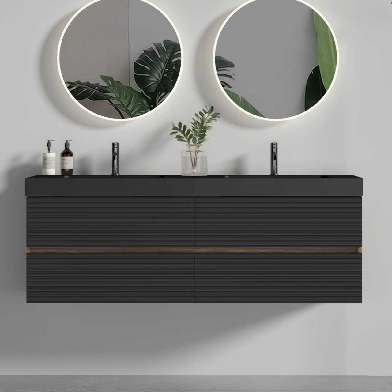Grace 60' Walnut Bathroom Vanity with Matt Black Engineered Quartz Sink and Soft Black Drawers, Wall Mounted Floating Bathroom Vanity for Modern Bathroom, One-Piece Matt Black Basin, Pre-assembled